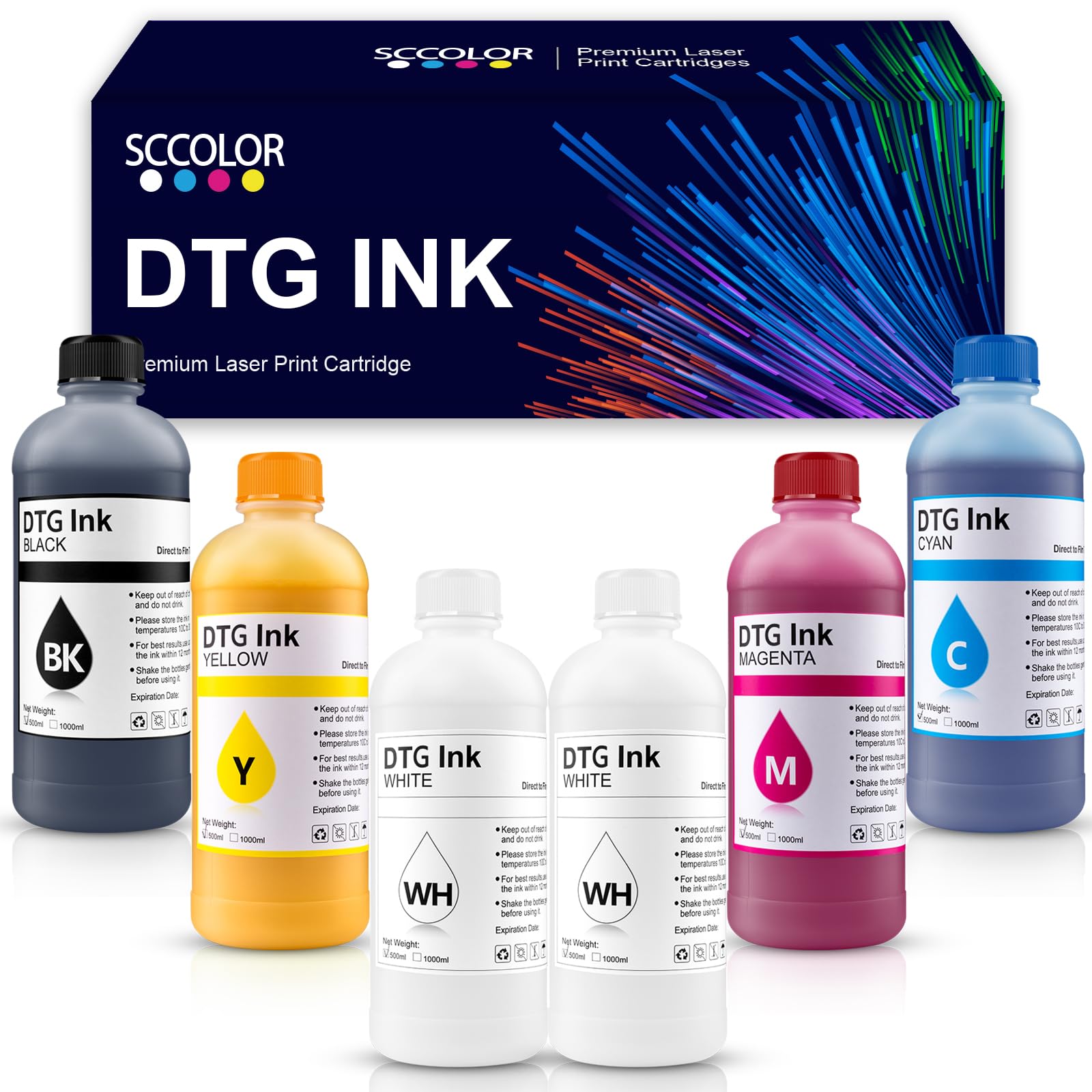 SplendidcolorDTG Ink 500ml Direct to Garment Printing Ink Digital Textile and More Printing Refill for Eps SureColor F2000 F2100 Ricoh DTG Printers and More.(2W+1B+1C+1M+1Y)
