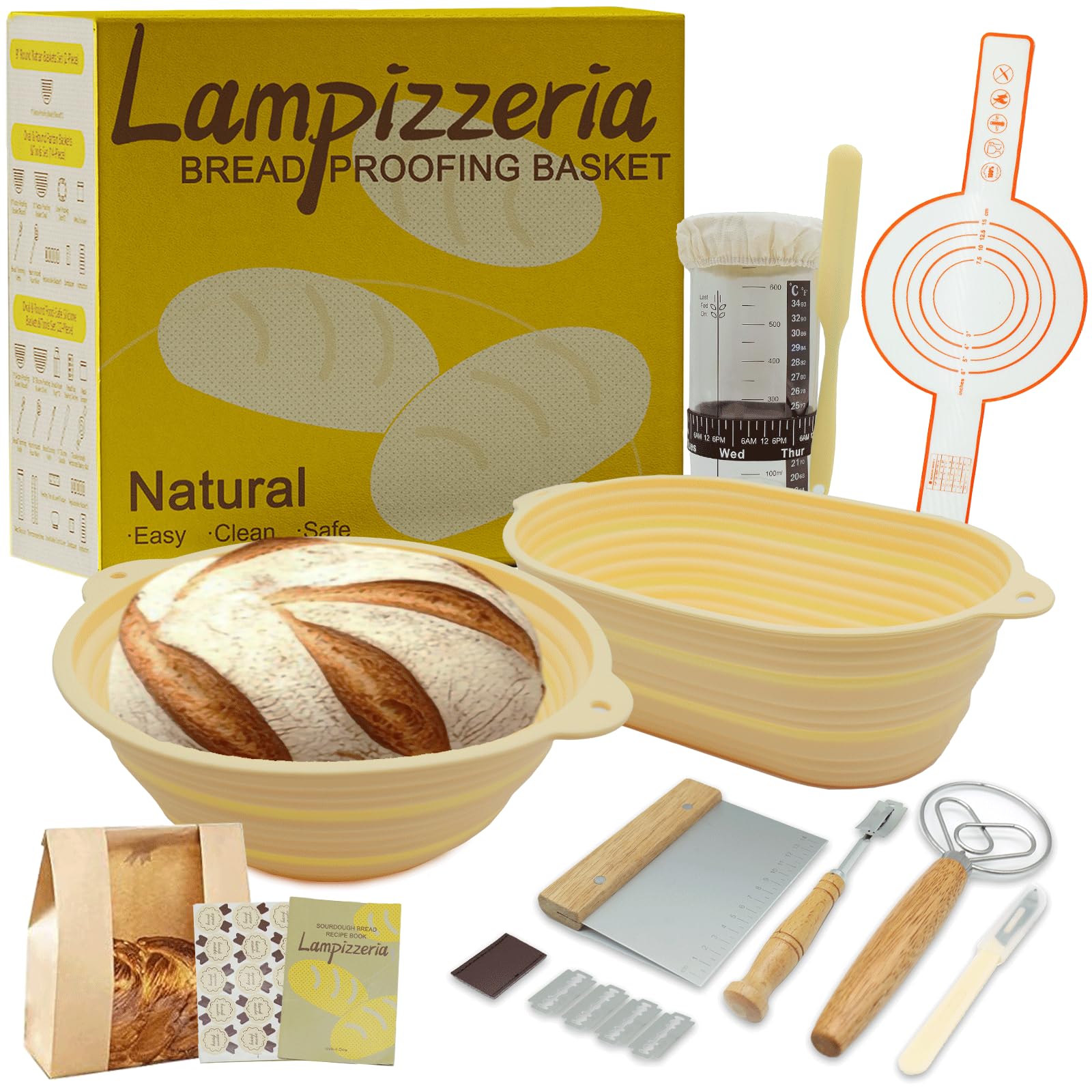 D'ita Gärkörbchen-Set aus Silikon, rund und oval, zusammenklappbar, mit Werkzeugen (antihaftbeschichtet, leicht zu reinigen), komplettes Back-Geschenk-Set, Brotgärung für Hobbybäcker