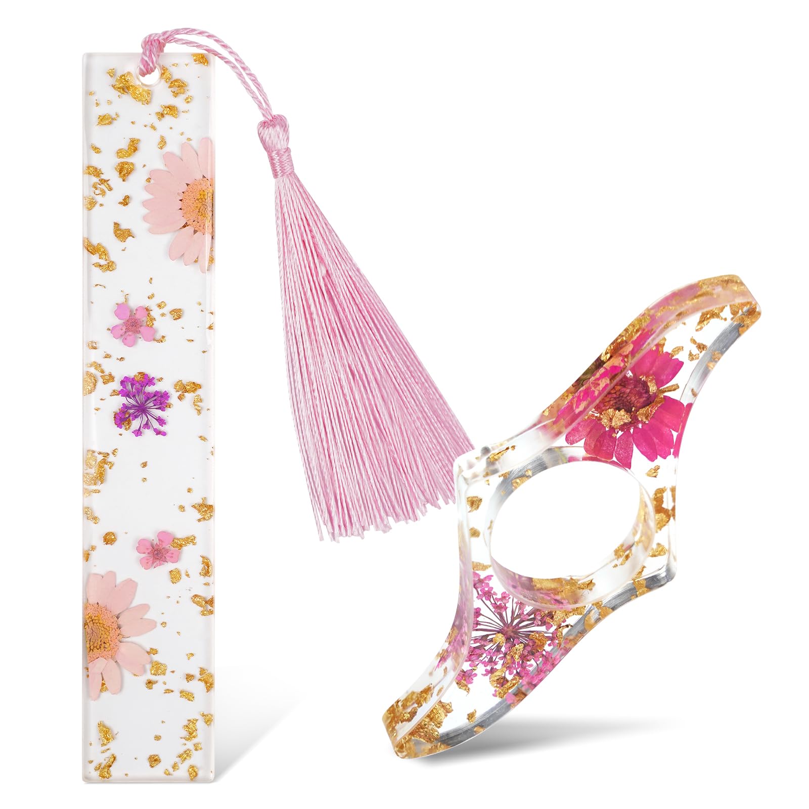 2 Pcs Transparent Dried Flower Bookmark, Resin Bookmarks with Tassel and Thumb Book Page Holder, Cute Bookmarks with Gold Sprinkles, Gift for Women, Bookworm, Readers, Friends (Pink)