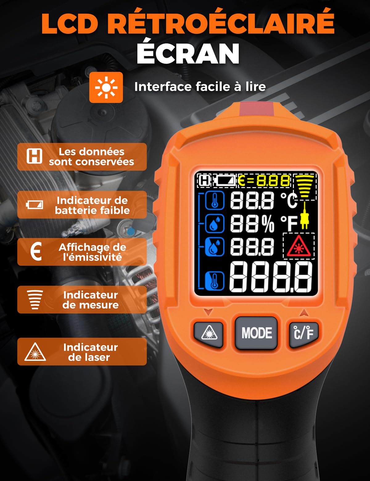 4 en 1 Thermomètre infrarouge professionnel POROMETISTO, 4 réglages d'alarme de qualité industrielle, -50 °C à 800 °C pyromètre laser thermometre infrarouge numérique avec sonde K et écran LCD couleur