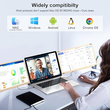 Laptop Screen Extender, 15.6 FHD 1080P Triple Portable Monitor Ultra-Slim Laptop Monitor Extender for 13-17.3 with Speakers, HDMI/USB-C Plug-Play Extended Screen for Windows Android