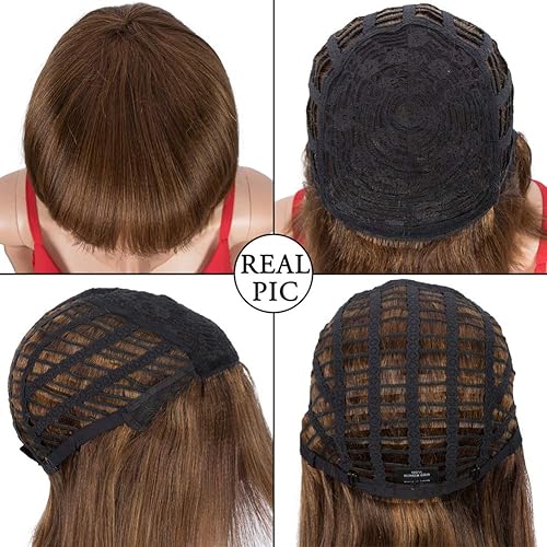 Miniatura 4 de Spotlight Pelucas de cabello humano Bob con flequillo de 10 pulgadas, pelucas cortas estilo Bob marrón degradado para mujeres negras, peluca de