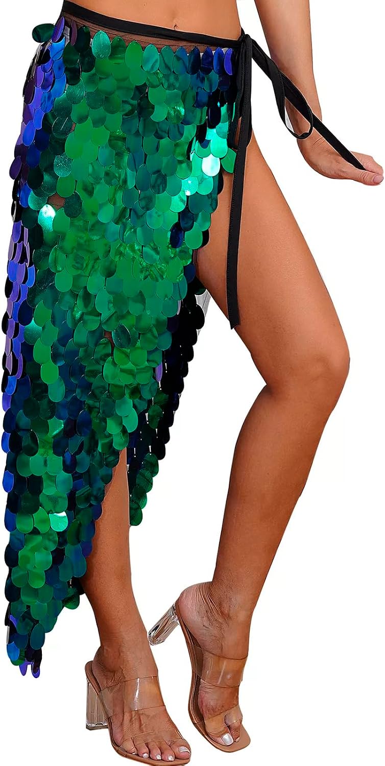Shiny Sequins Skirt Belly Dance Hip Scarf for Women, Triangle Dancing Wrap Skirt Festival Performance Party Costume