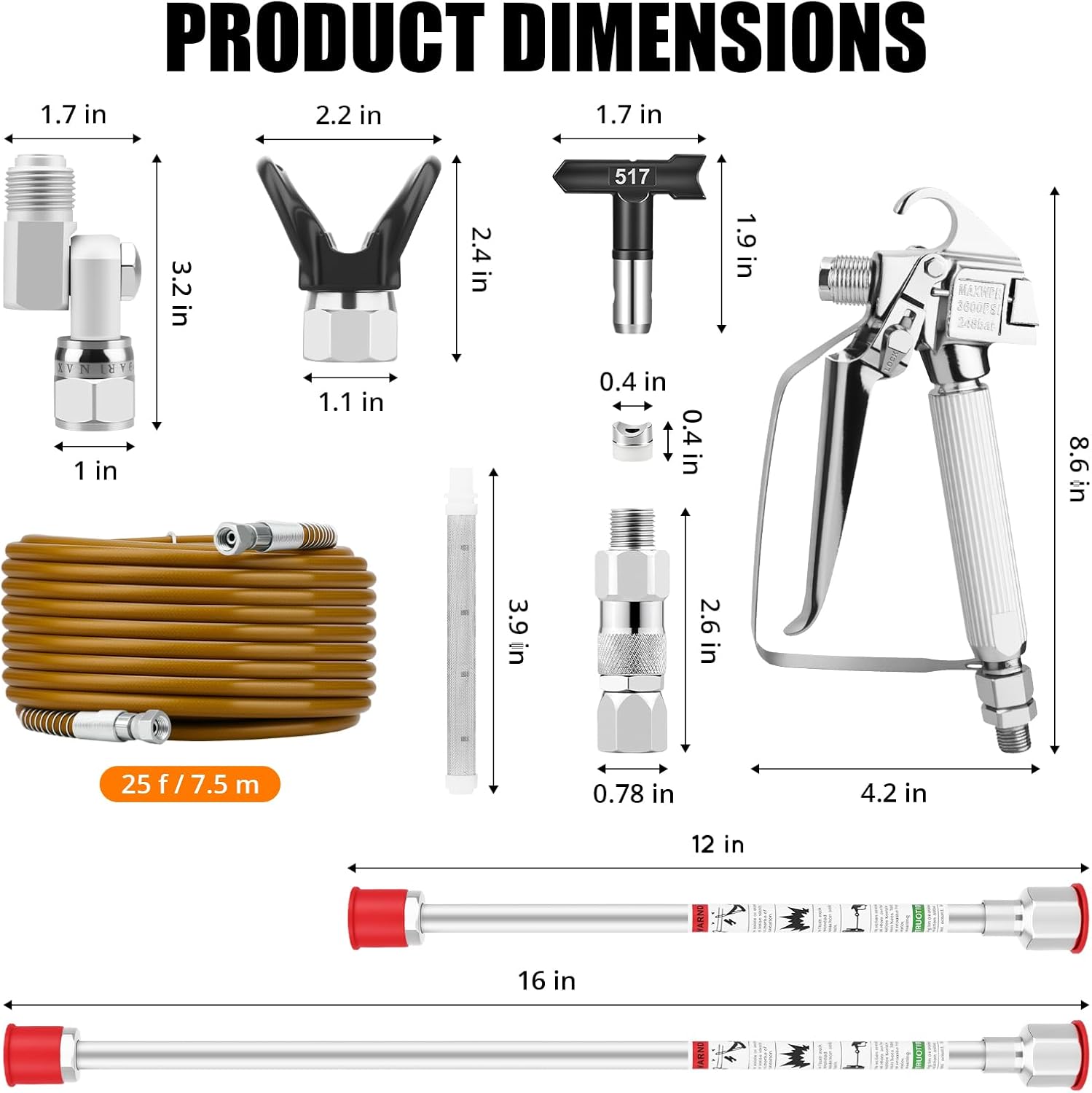 15Pcs Airless Spray Gun Kit, 3600PSI Airless Paint Sprayer Gun with 25FT High Pressure Hose & 3 Spray Tips & 2 Tip Extension Wand & 5 Filters & Tip Guard & Spray Gun Swivel Joint & Hose Swivel Joint