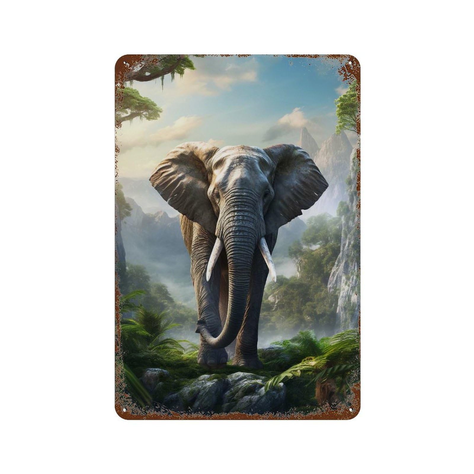 Garage Style Elephant Mountains Distressed Metal Wall Sign 11.8"x7.9", Rustic Home Decor for Bar And Workshop