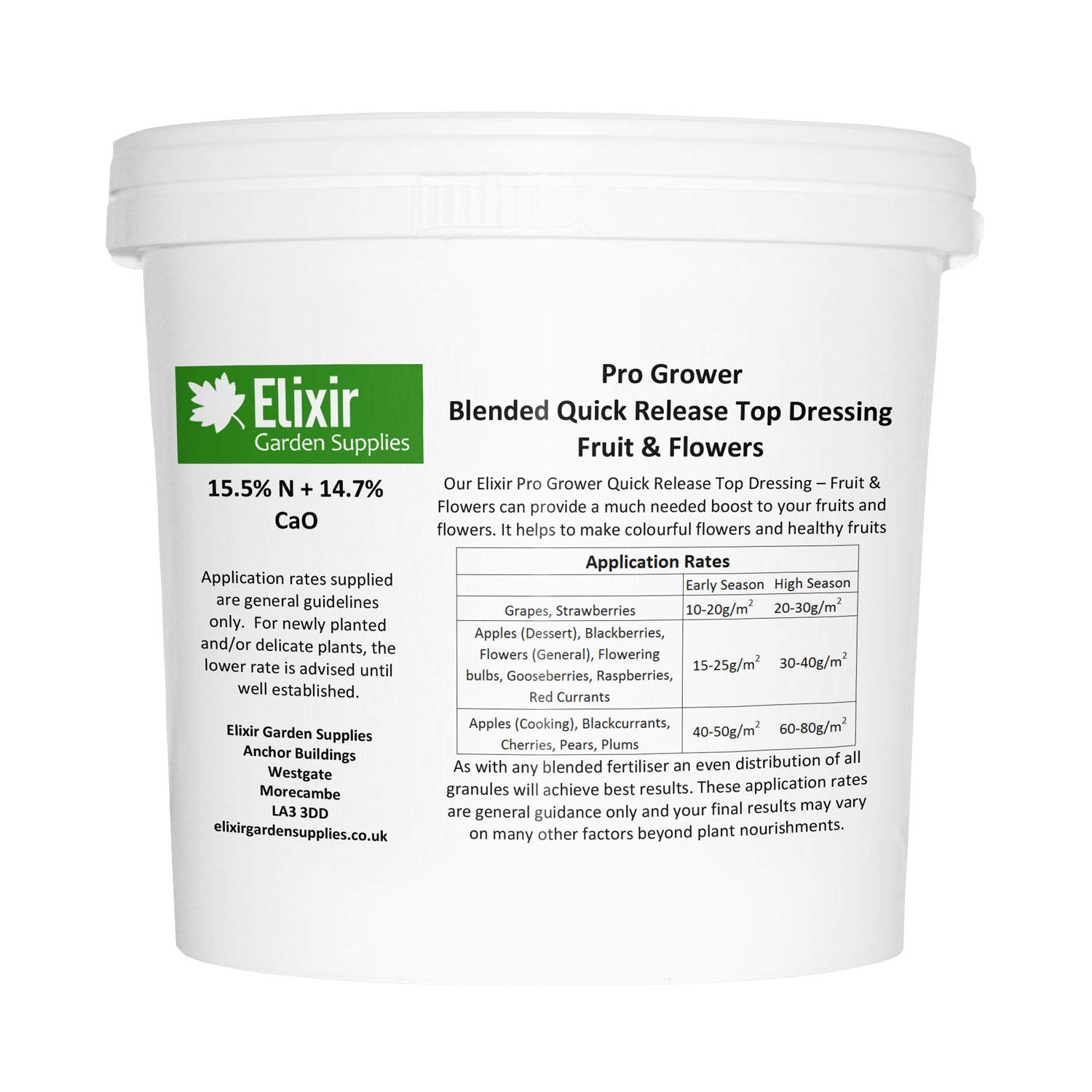 Elixir Gardens Pro Grower | Blended Quick Release Top Dressing for Fruit & Flowers | Various quantities available from 1kg to 25kg | (500g Re-Sealable Tub) | Treats up to 50sqm