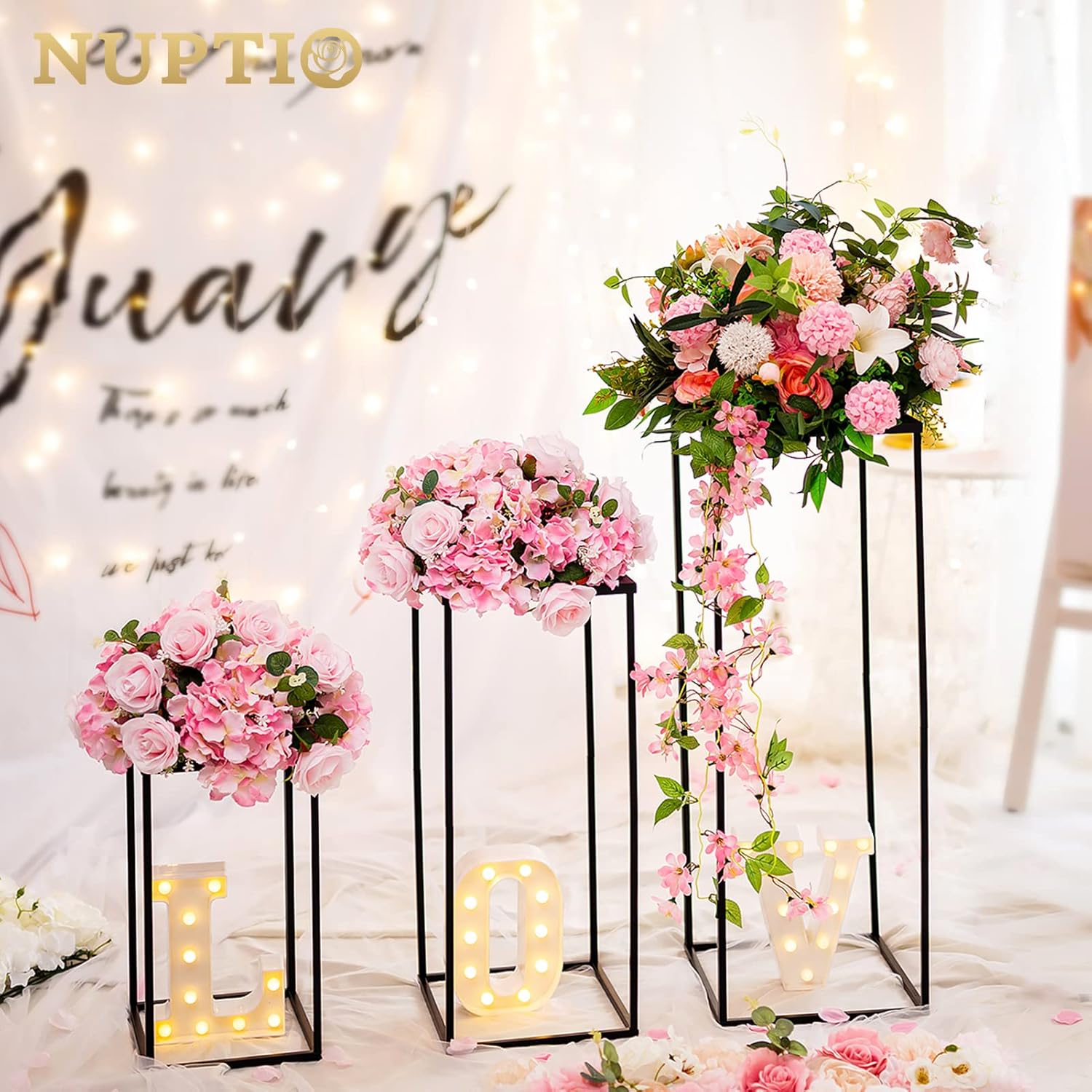 nuptio black vase plant stand - 3 pcs tall flower vases for wedding birthday party centrepieces - metal column display table rack indoor corner flower stand for living room decor(15.7/23.6/31.5in) 15.7 inch & 23.6 inch & 31.5 inch - 3 pcs black