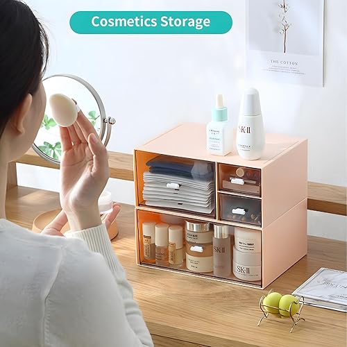 Miniatura 5 de OSteed Organizador de escritorio con 1 cajón, caja de almacenamiento de escritorio apilable de plástico para colección del hogar, cosméticos,