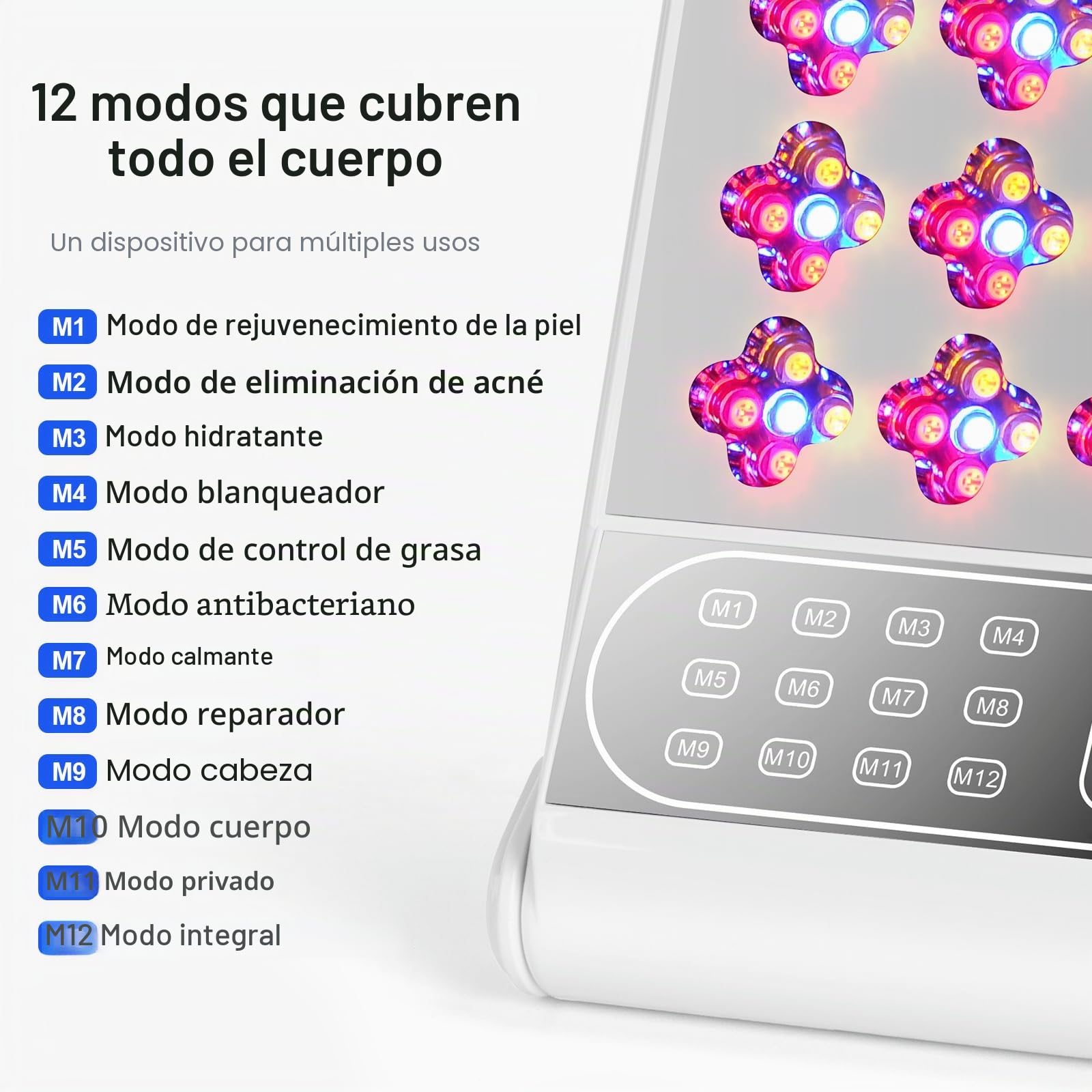 Lámpara Luz Roja Panel, Lampara Infrarroja con 4 Longitudes de Onda(Rojo 660nm/Infrarrojos 850nm/Amarillo 583nm/Azul 423nm),12 Modos y Temporizador (No produce calor) (Plata)