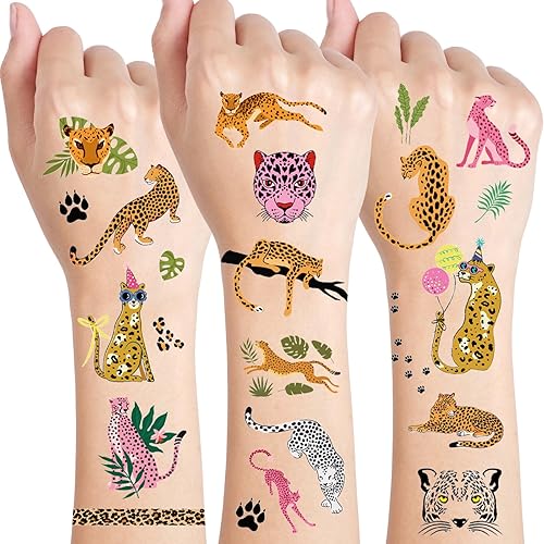 Tatuajes de guepardo, Konsait 10 hojas de tatuajes temáticos de guepardo, recuerdos de fiesta de guepardo, decoración de guepardo rosa y amarillo, Tatuajes de guepardo, Konsait 10 hojas de tatuajes temáticos de guepardo, recuerdos de fiesta de guepardo, decoración de guepardo rosa y amarillo,