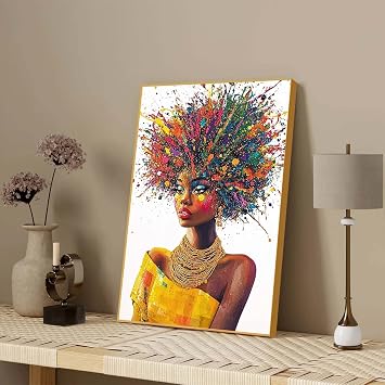 Glethua African Woman Canvas Wall Decor, Black Girl Canvas Wall Art, Colorful Black African Woman Painting Decor, Graffiti Pictures Art for Bedroom Office Dining Room Living Room Gold Framed, 24"x36"/62x92cm