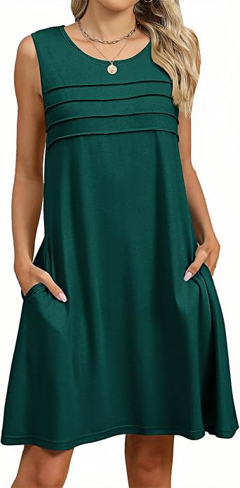 AELSON Summer Dresses for Women 2025 Casual Sleeveless Sundresses Pleated Tank Dresses with Pockets Women Beach Fashion