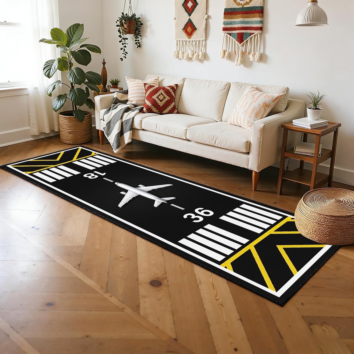 Airplane Track Long Hallway Rug Runners, 2x8ft, Aircraft Runway Themed Hallway Carpet, Runway Pattern Design Machine Washable Area Rugs, with Non Slip Backing Playing Mat for Kids
