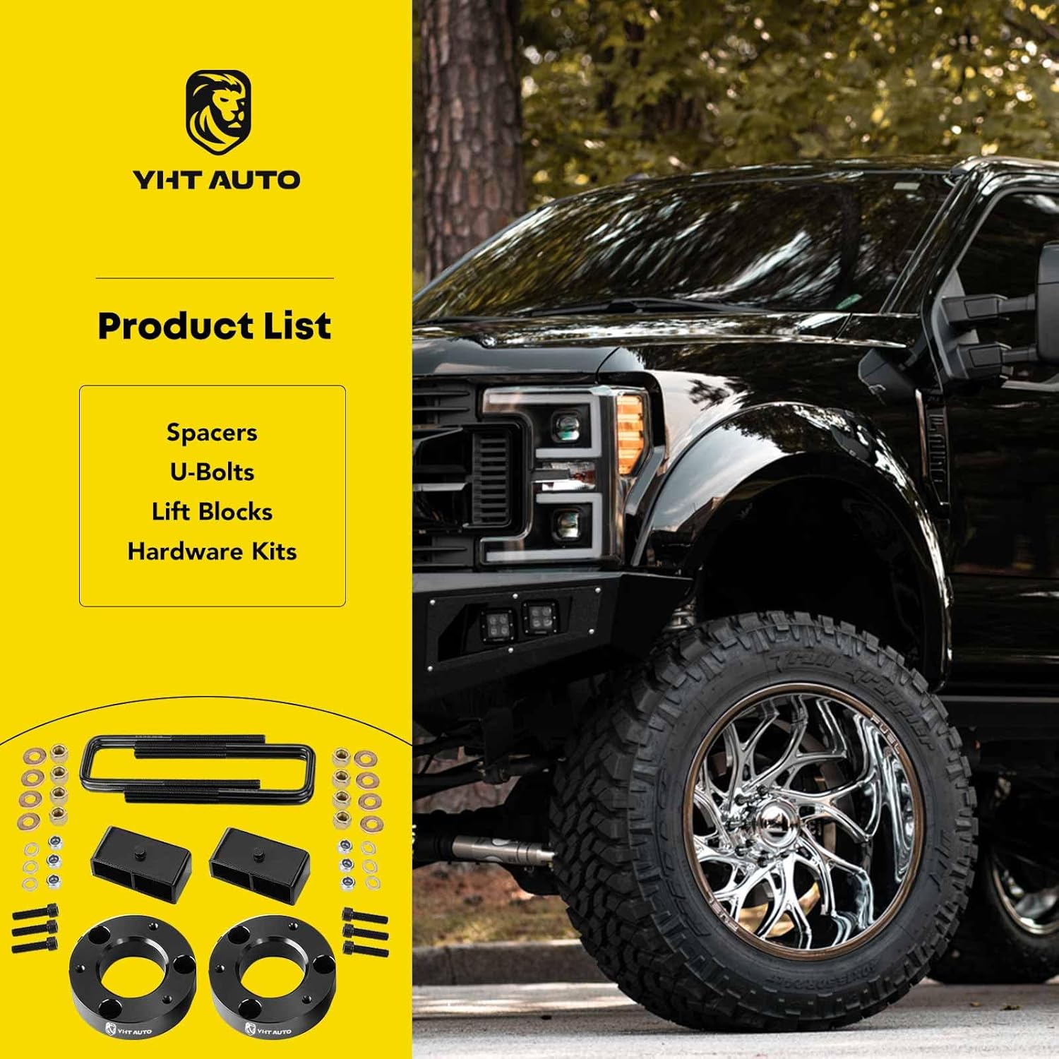 YHTAUTO 2.5 inch Front and 2 inch Rear Leveling Lift Kit w/Strut Spacers, Extended U-Bolts, Lift Blocks & Hardwares for Chevy Silverado 1500 & GMC Sierra 1500 2007-2019, RWD/4WD, Set of 8