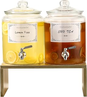 1 Gallon Beverage Dispenser- Glass Drink Dispensers For Parties- Double Drink Beverage Dispenser With Stand, Spigot 18/8 Stainless Steel- Sun Tea Glass Jar For Outside, Juice Lemonade Dispenser
