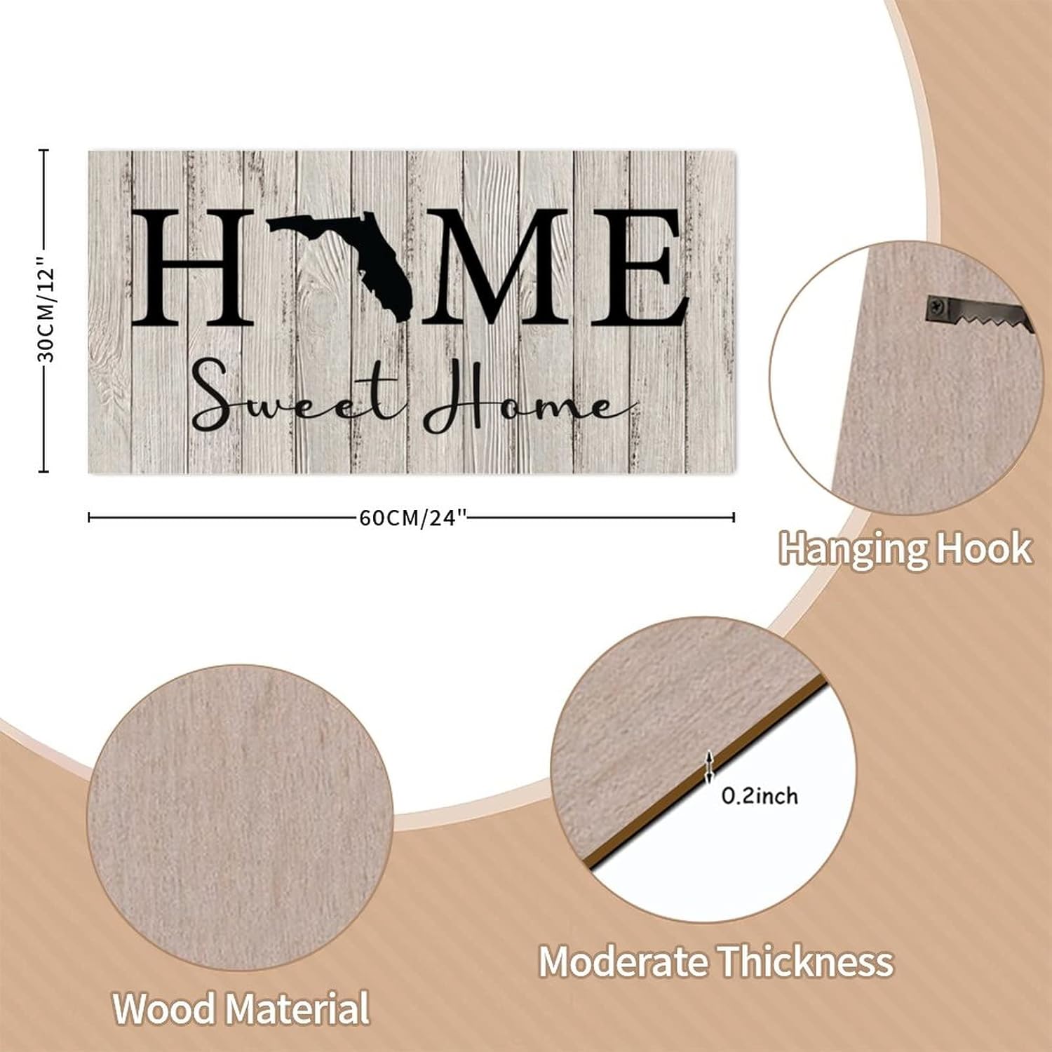Motivational Decorative Wood Pallet Sign Plaque Home Sweet Home Florida State Wood Door Hanger Sign Welcome Sign Old Fashioned Farmhouse Wall Decor for Living Room Indoors Outdoors 12x24 Inch