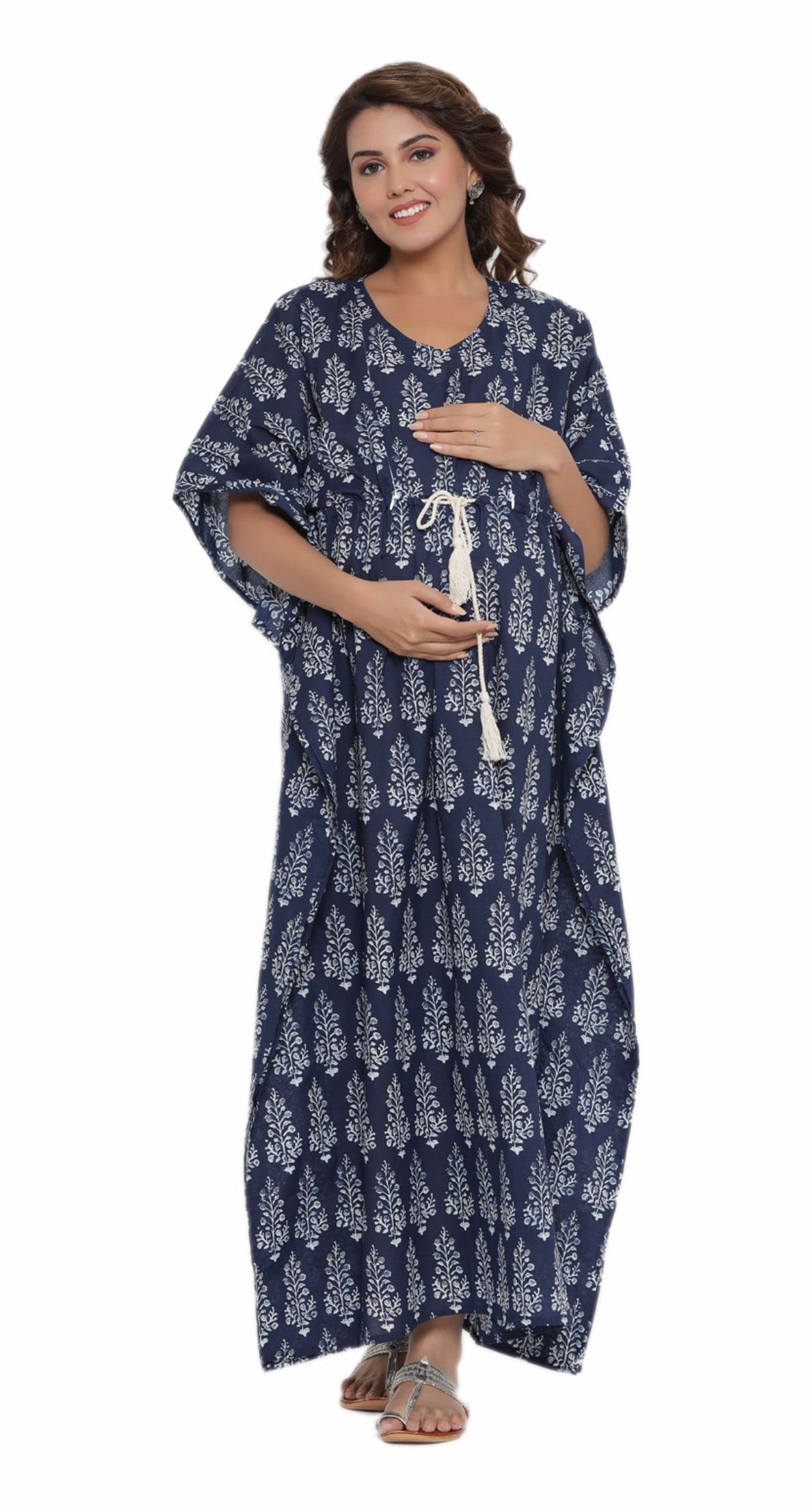 Women's Jaipuri Printed 100% Cotton Feeding Kaftan with Invisible Zip | Feeding/ Maternity/ Nursing Nightdress/ Nighties Sleep Wear - Floral Boota- Color- Indigo-image-48