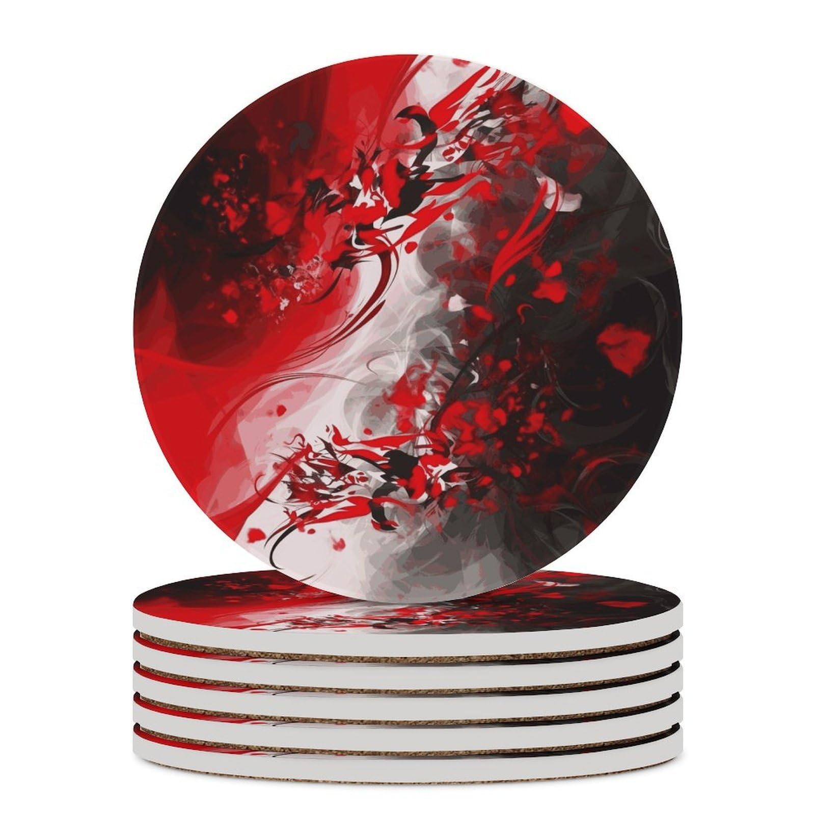 Czerwone czarne białe abstrakcyjne podstawki pod napoje z uchwytem na stolik kawowy, ceramiczna podstawka z podstawą korkową, ceramiczna podstawka kamienna do mrożonych zimnych lub gorących napojów
