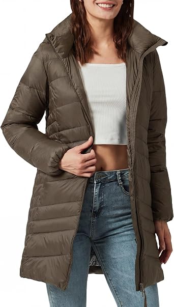 Womens Spring Jackets Lightweight Down Jacket Long Puffer Hiking Coat with Detachable Hood