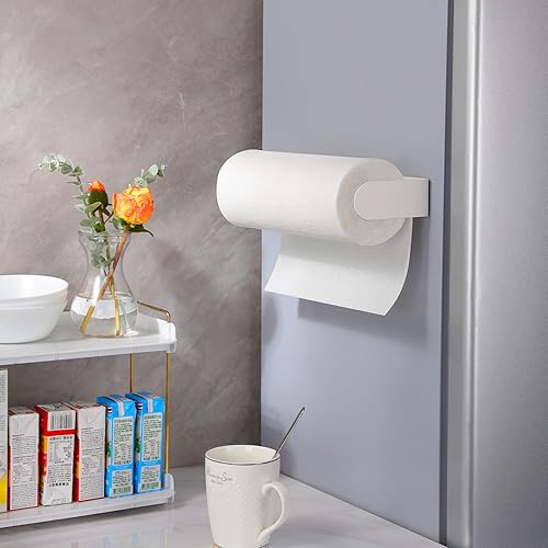 Miniatura 6 de YIGII Toallero de papel adhesivo debajo del gabinete, toallero de papel de acero inoxidable para pegar en la pared para cocina, color blanco