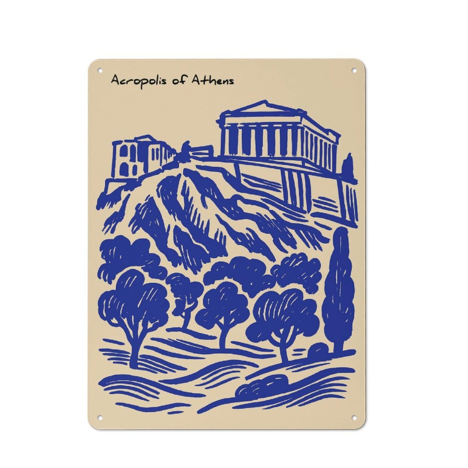 Junmoney Style-11 Acropolis Of Athens Illustration Decorative Metal Wall Decor 40X30cm, Decorative Tin Plaque For Bedroom, Kitchen, Office Or Living Room