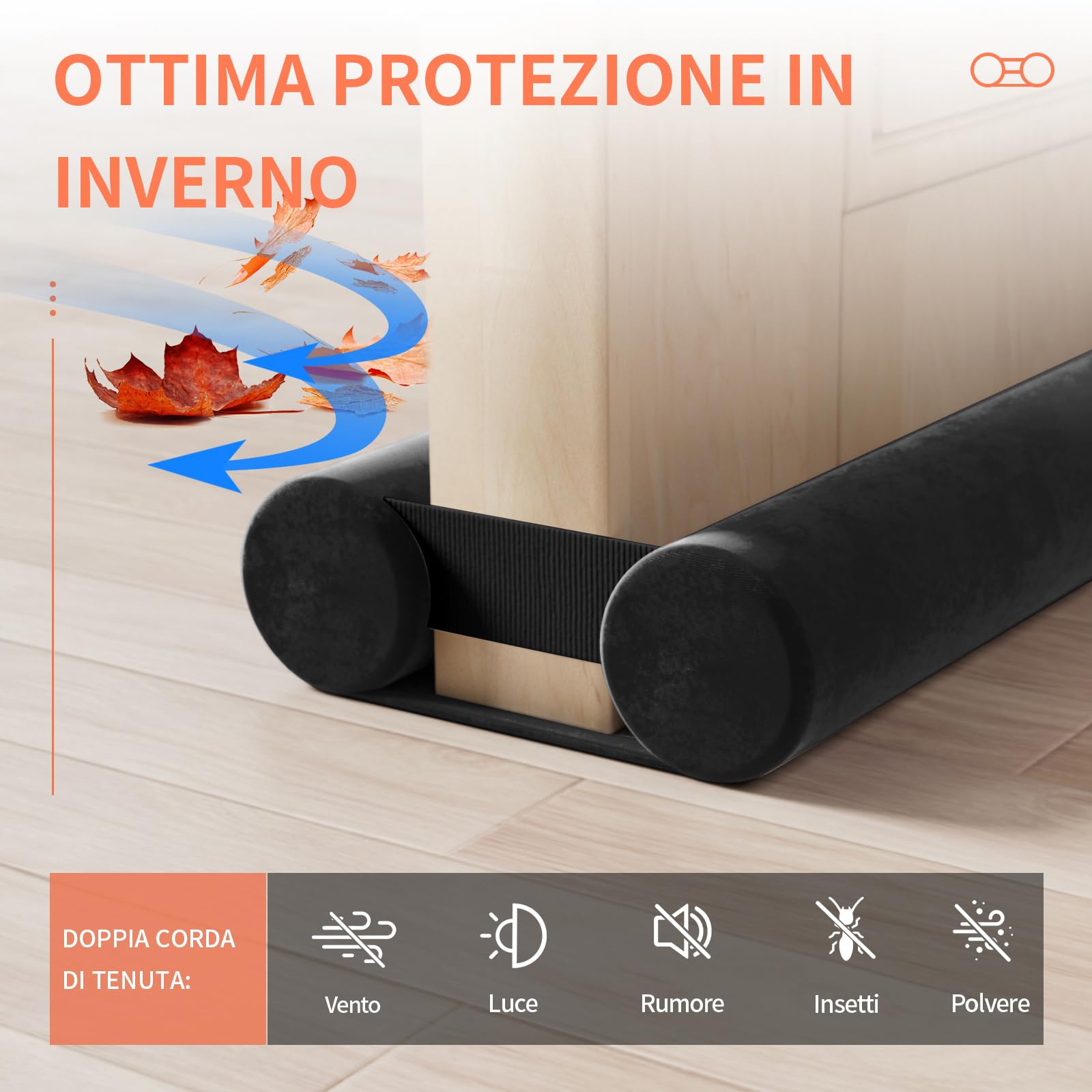BKSAI Paraspifferi per Porte Guarnizione Inferiore Porte Senza Colla | Paraspifferi Doppia Guarnizione Isolante Termico Insonorizzato Antivento, Paraspifferi Sottoporta per Porte 60-75 cm Nero