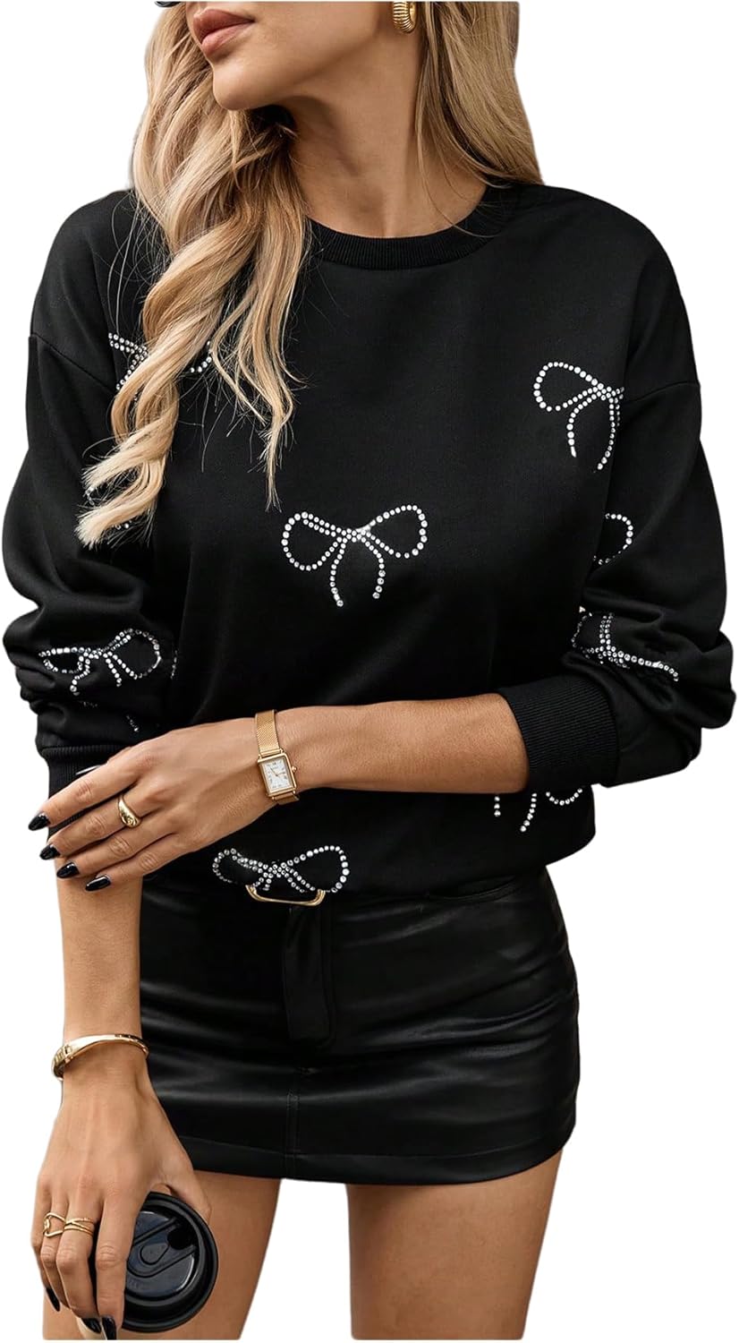 GORGLITTER Women's Bow Rhinestone Sweatshirt Fall Casual Long Sleeve Crewneck Halloween Loose Oversized Sweatshirt 2025