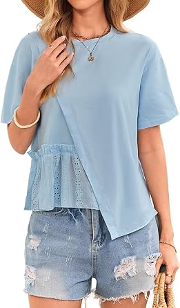 Falechay Womens Summer Tops Floral Lace Chiffon Crochet Blouses Asymmetrical Hem Short Sleeve Shirts Round Neck Trendy Tunic
