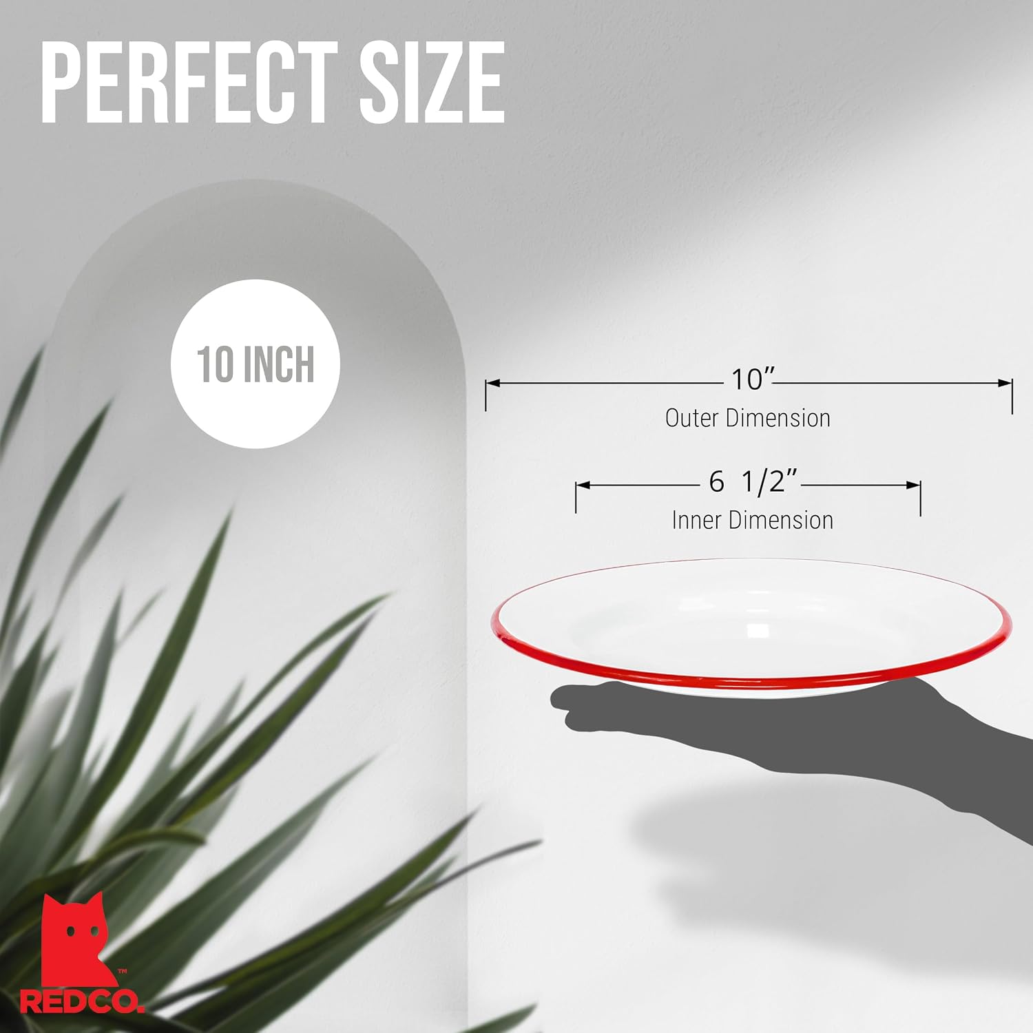 Red Co. Set of 4 Enamelware Metal Classic 10" Round Dinner Plate, Solid White/Red Rim