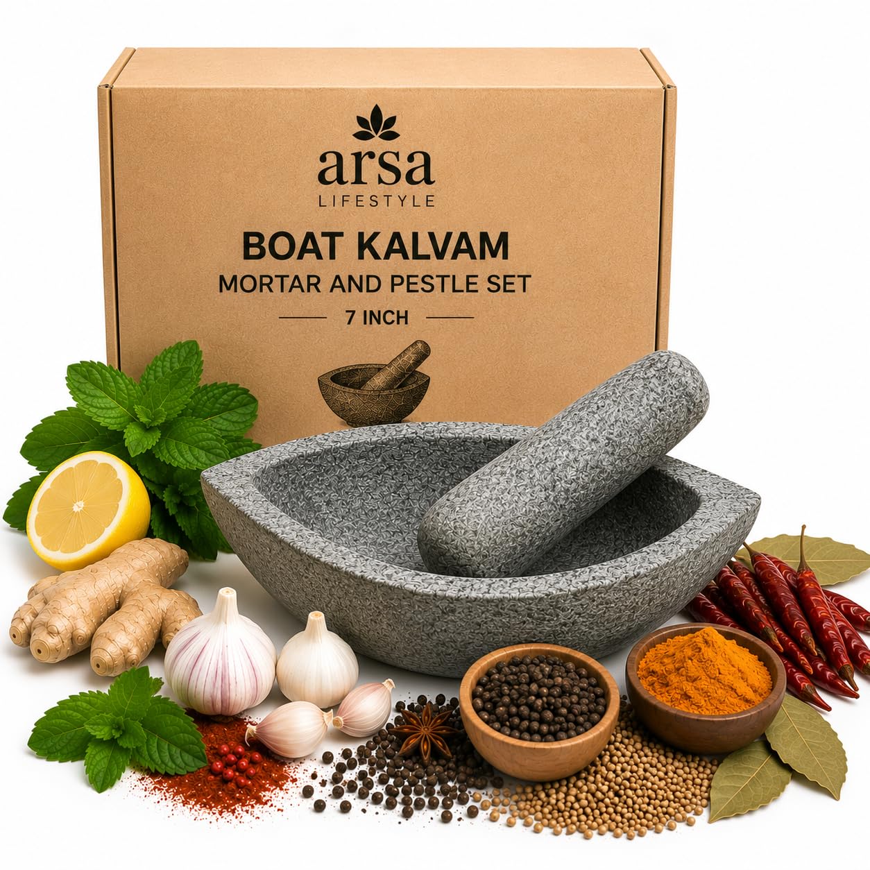 Kalvam Grinding Stone Mortar & Pestle – Traditional Granite Silbatta for Chutney, Heavy Duty Sil Batta for Kitchen, Kalvam Stone Mortar and Pestle Set-7 inch boat-image-8