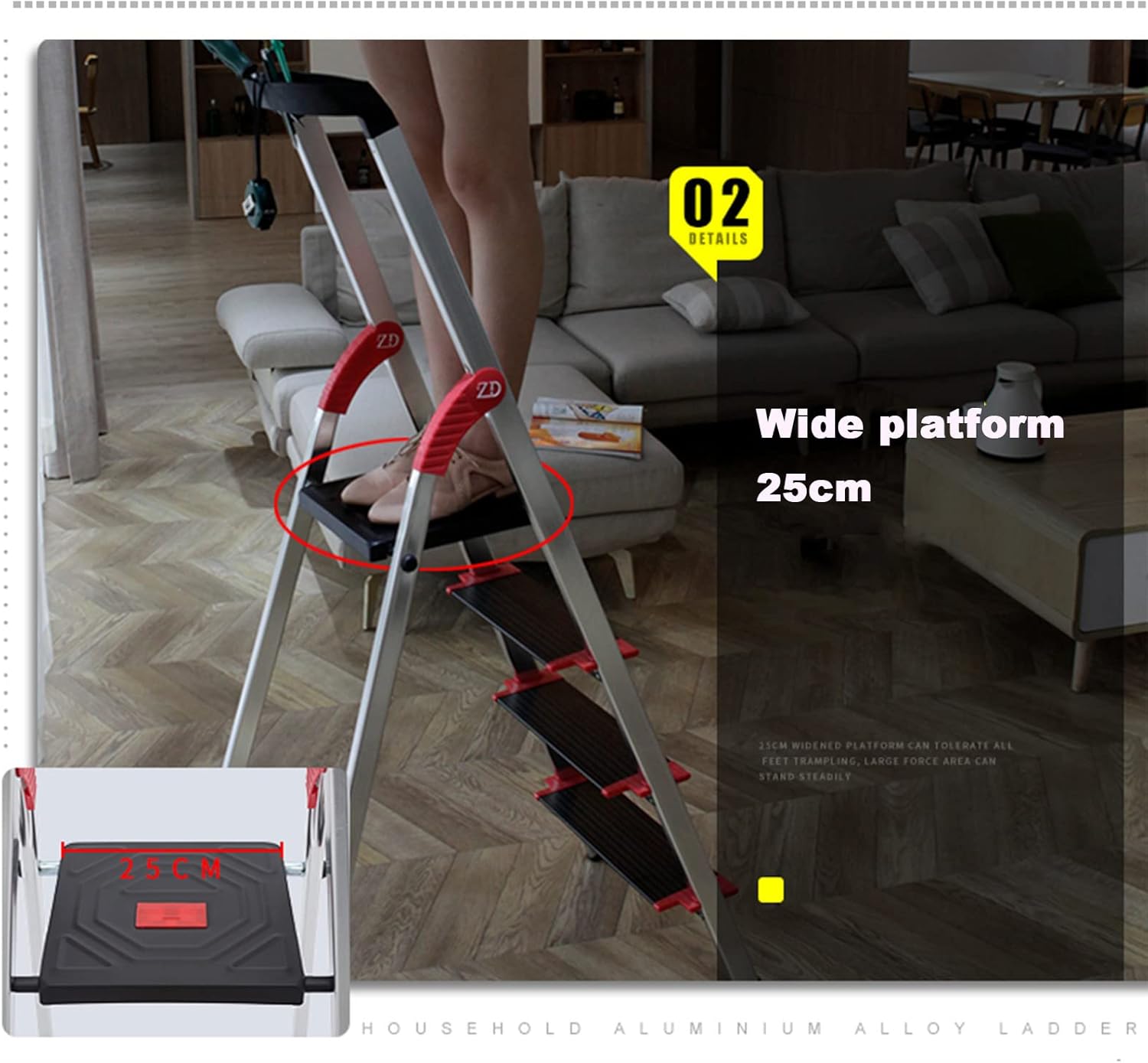 3-Step Step Ladder Aluminum Alloy Double Craft Widened Tread Comes with A Portable Tool Table Ladder Stool Steel Link Snap Riveted Steel Wire Reinforcement Multi-Function