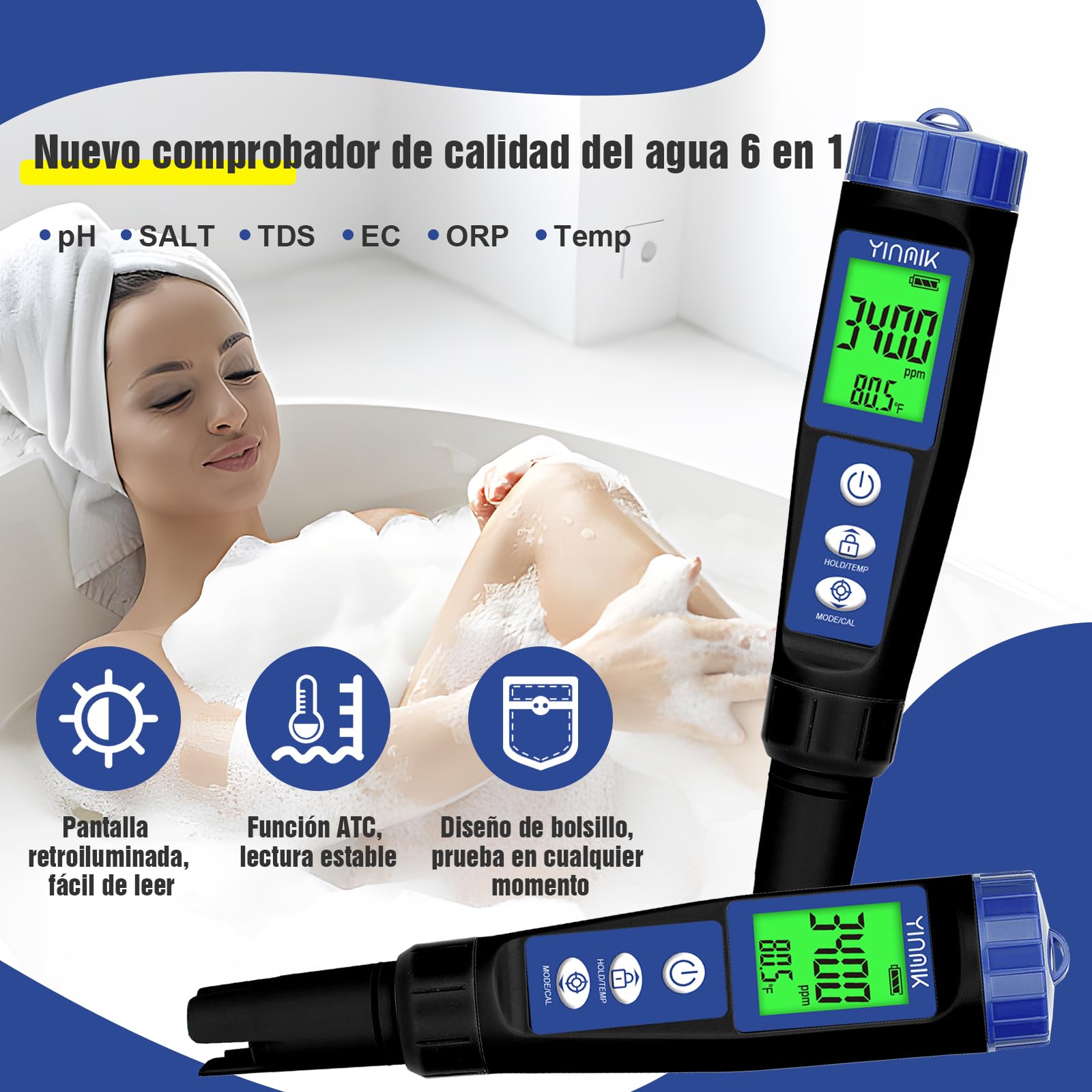 YINMIK Medidor de pH y Salinidad Piscinas, Monitor de Sal Piscina, Tester de Temperatura TDS 6 en 1 PH ORP EC TDS, Kit de Prueba de PPM y EC Hidropónico, Medidor de Conductividad del Agua Potable
