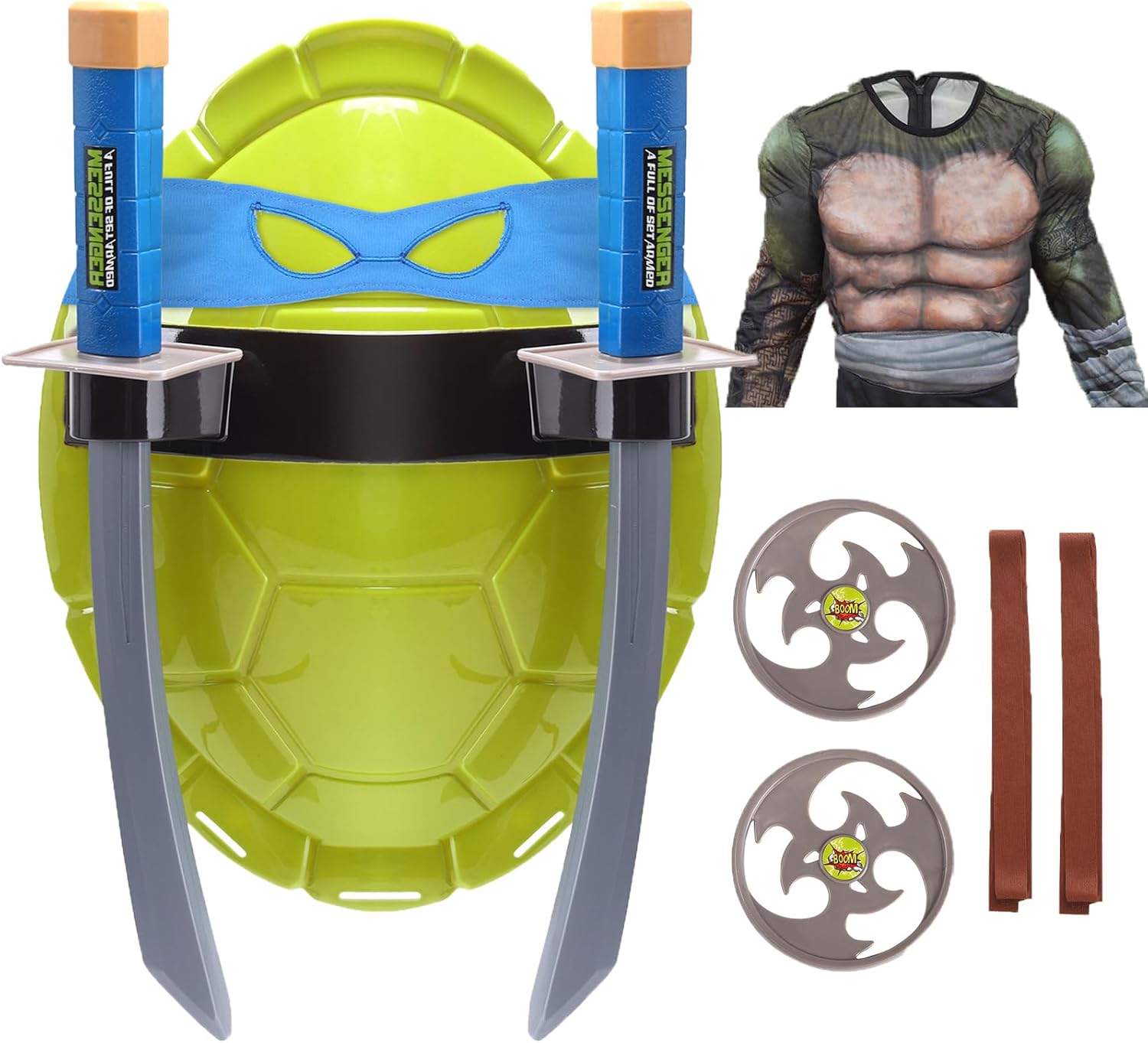 Skirfy Turtle Shell Costume Set,Turtle Cosplay Costume with Jumpsuit,Toy Weapons and Shell for Kids,Halloween Costume