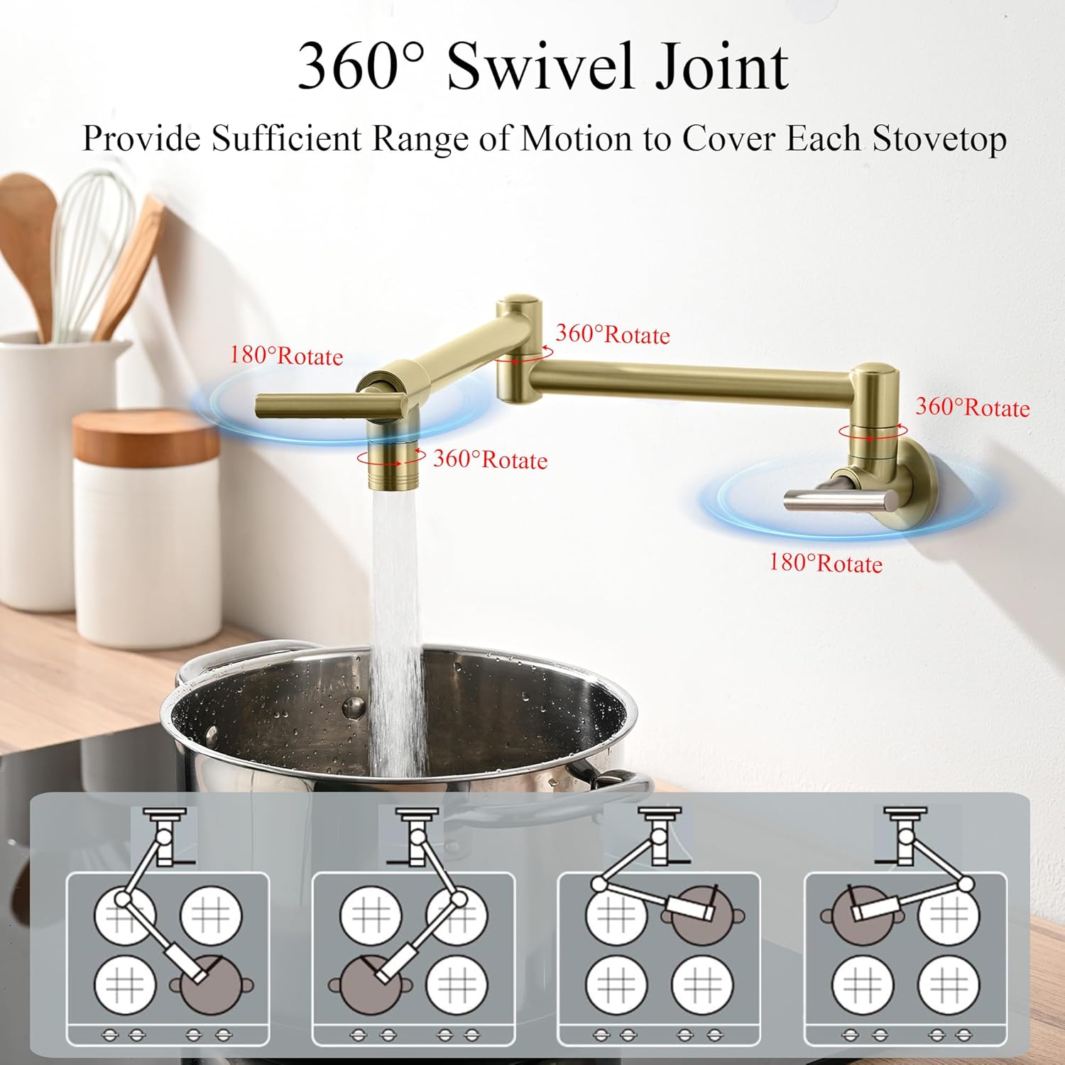 Pot Filler Faucet Wall Mount - 3 Spray Modes, Double Joint Swing Arm, Retractable Space-Saving Design - Leak-Free High Flow Brass Faucet for Kitchen Sink & Stove - Brushed Gold