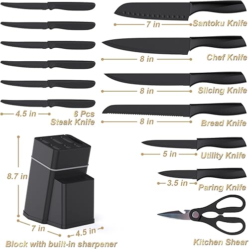 Miniatura 2 de Juego de cuchillos de cocina con bloque, juego de cuchillos de 15 piezas con afilador integrado, apto para lavavajillas, cuchillas de acero
