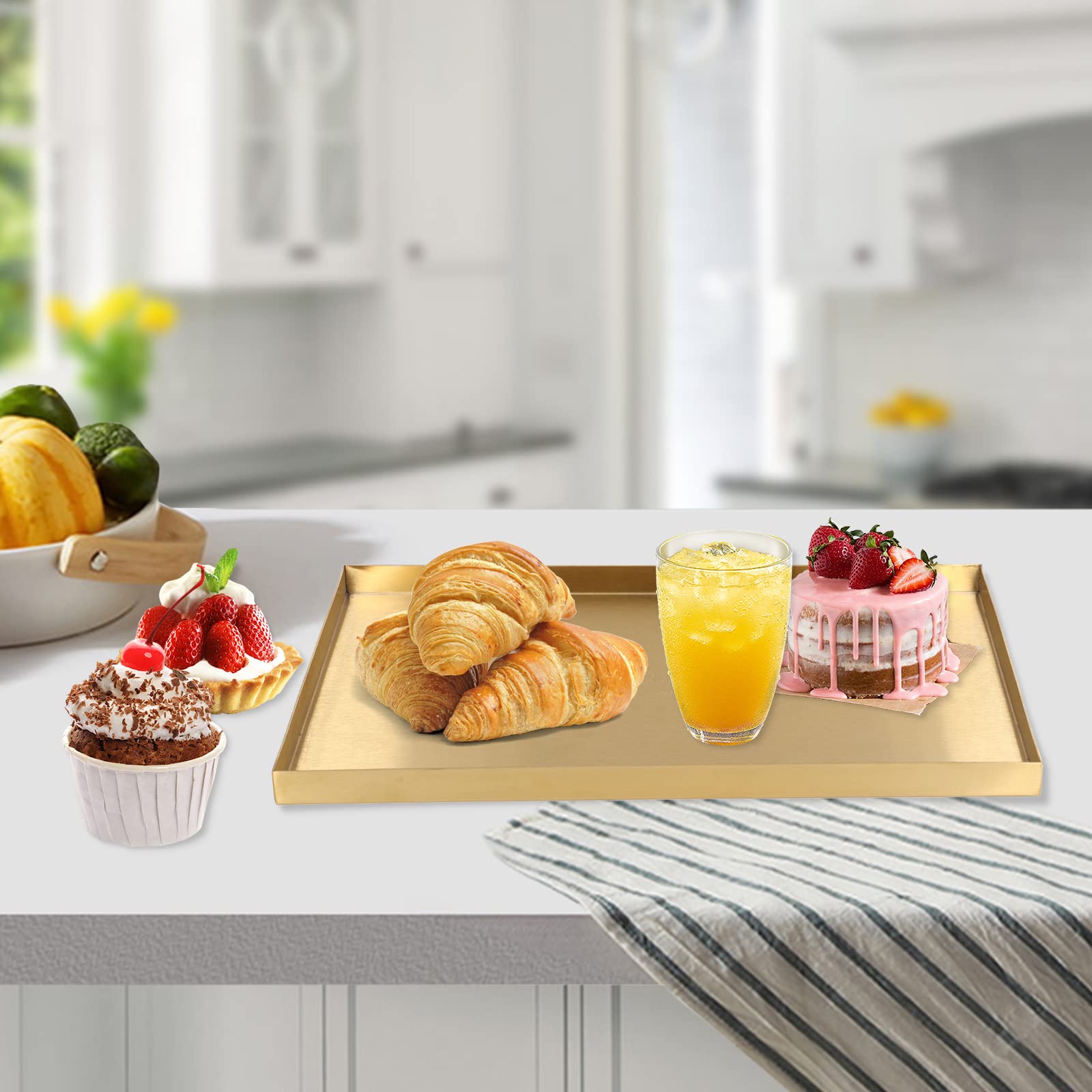Bandeja de Almacenamiento Decorativa de Acero Inoxidable, Bandeja Organizadora de Almacenamiento de Metal Rectangular Dorada,Vajilla de Cocina para el Hogar Moderno,Joyería, Maquillaje, Artículos