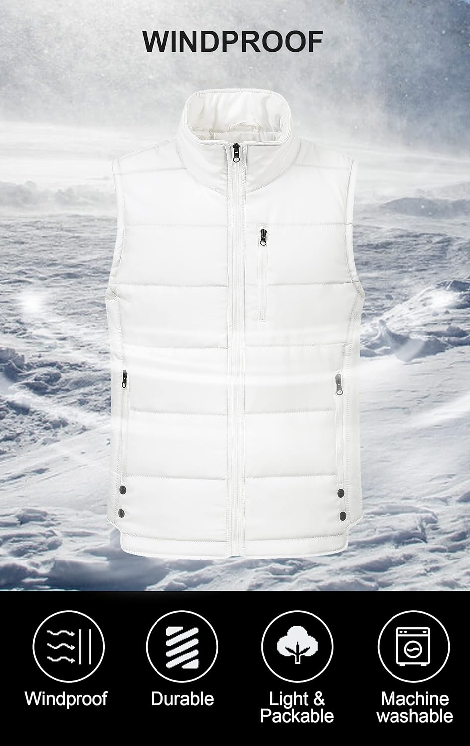 Chrisuno Men's Lightweight Winter Puffer Ski Vest Jacket Packable Outerwear - Image 3