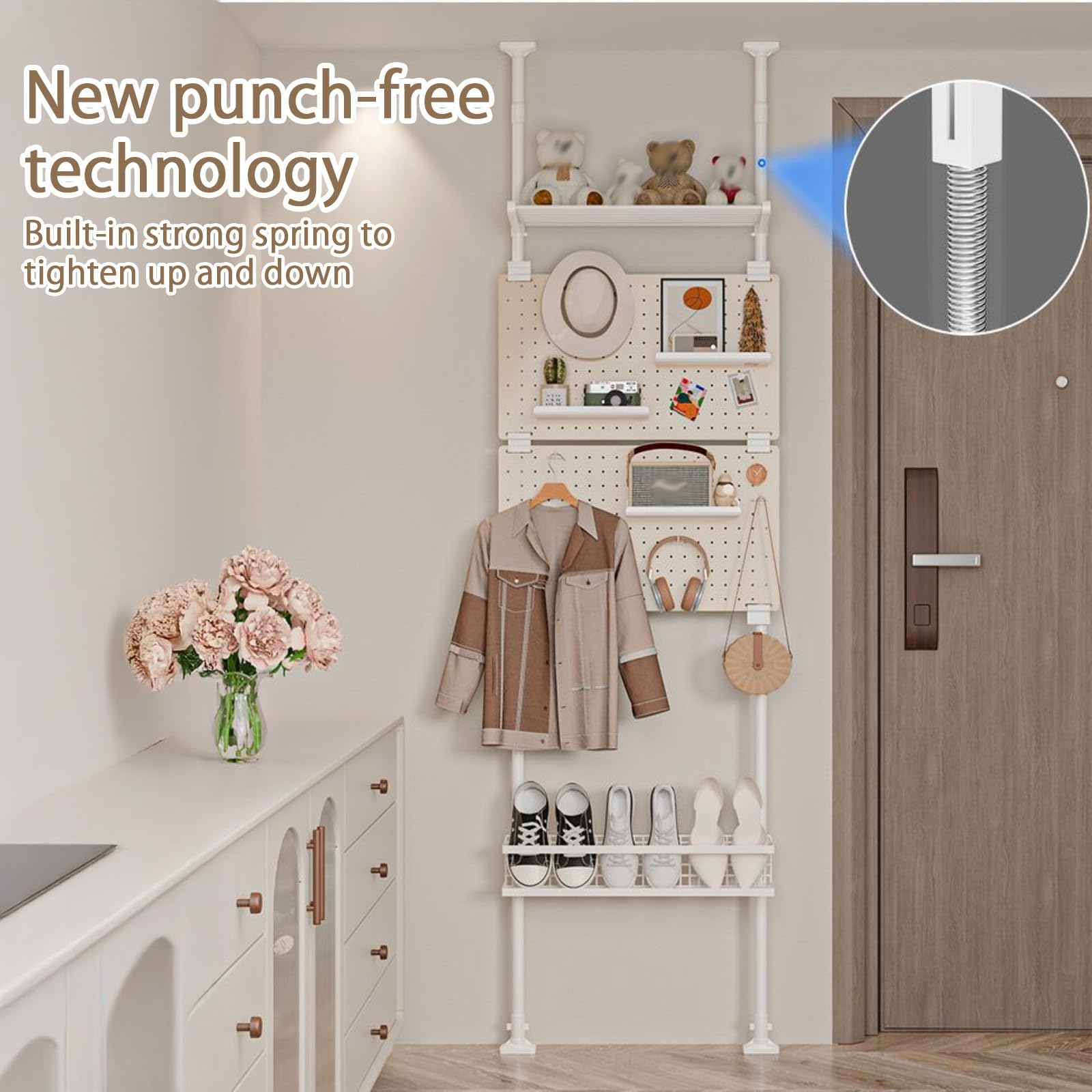 Organizer da parete con pannello forato regolabile in altezza, include accessori per camera da letto, studio, soggiorno, cucina, balcone, ufficio