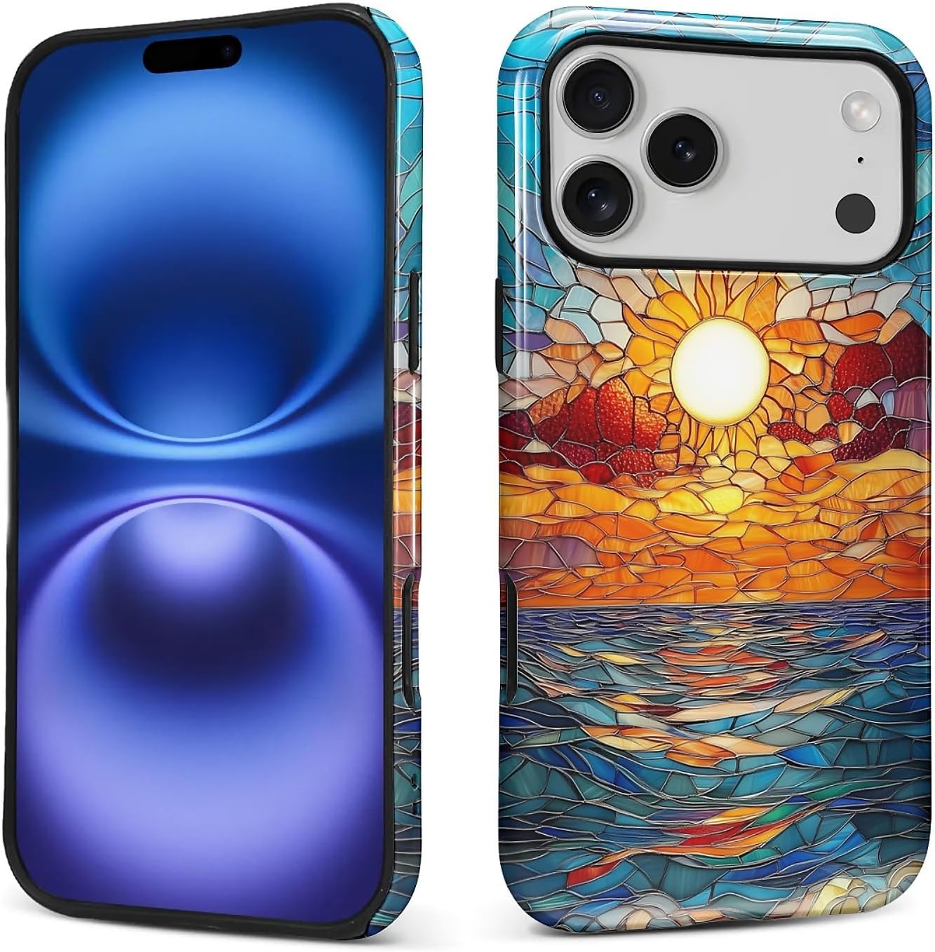ZHEGAILIAN Case for iPhone 17 Pro Max,Shockproof Hard Shell Soft Silicone 2 in 1 Hybrid Shockproof Bumper Drop Protective Stained Glass Sunset Beachy