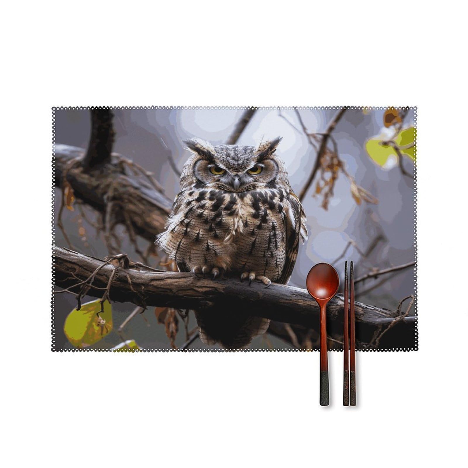 Owl on A Branch Placemats Set of 4 Heat Resistant Non-Slip Place Mats for Dining Table Washable Placemat Wipeable Dining Table Mat Canvas Place Mats Dining Table Decor
