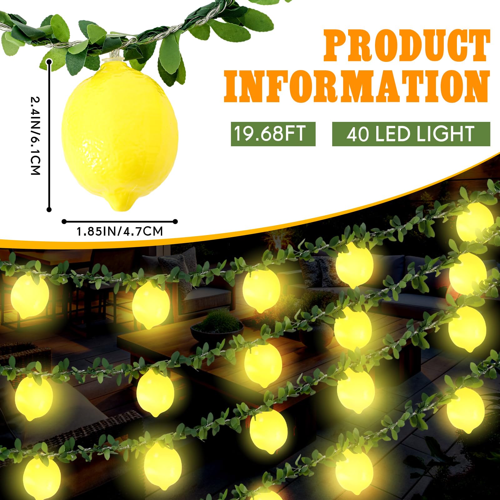 Baquler Stringa di luci LED 3D a forma di limone, a batteria, 3 m, 20 LED, con rami, foglie, luci fatate, per camera da letto, compleanno, giardino, decorazioni per feste
