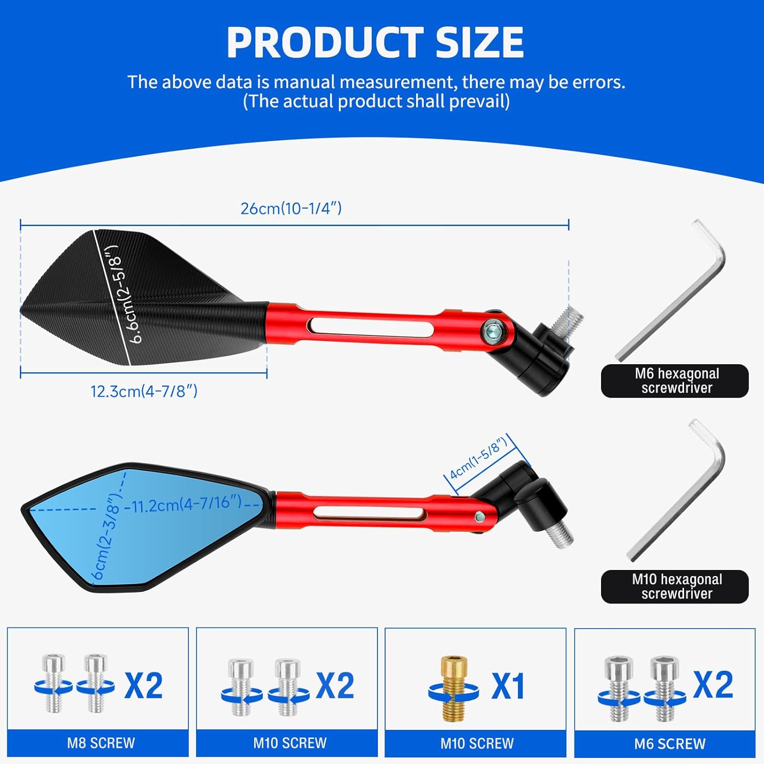 DREAMIZER Universal Motorcycle Mirrors M10 M8 Rearview Mirror Hawk-Eye Side Mirrors Compatible with Honda GROM MSX125 Kawasaki Z125 Pro Z750 Z650 Yamaha MT03 MT10 and More