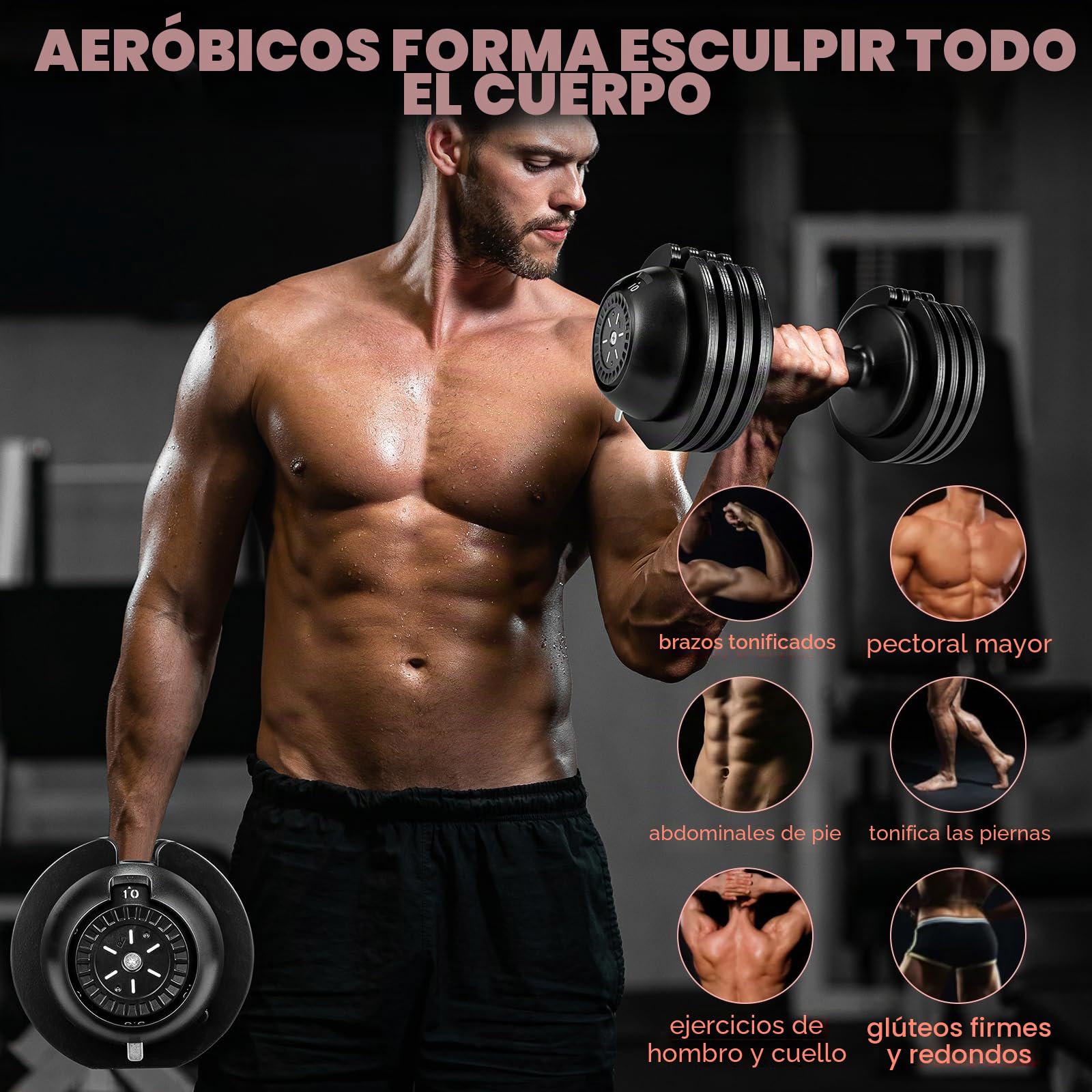 Mancuerna Ajustable 10kg 20kg 24kg, 5 Pesos ajustables, Entrenamientos de musculación indoor, Agarre ergonómico, Para gimnasio o hacer deporte en casa