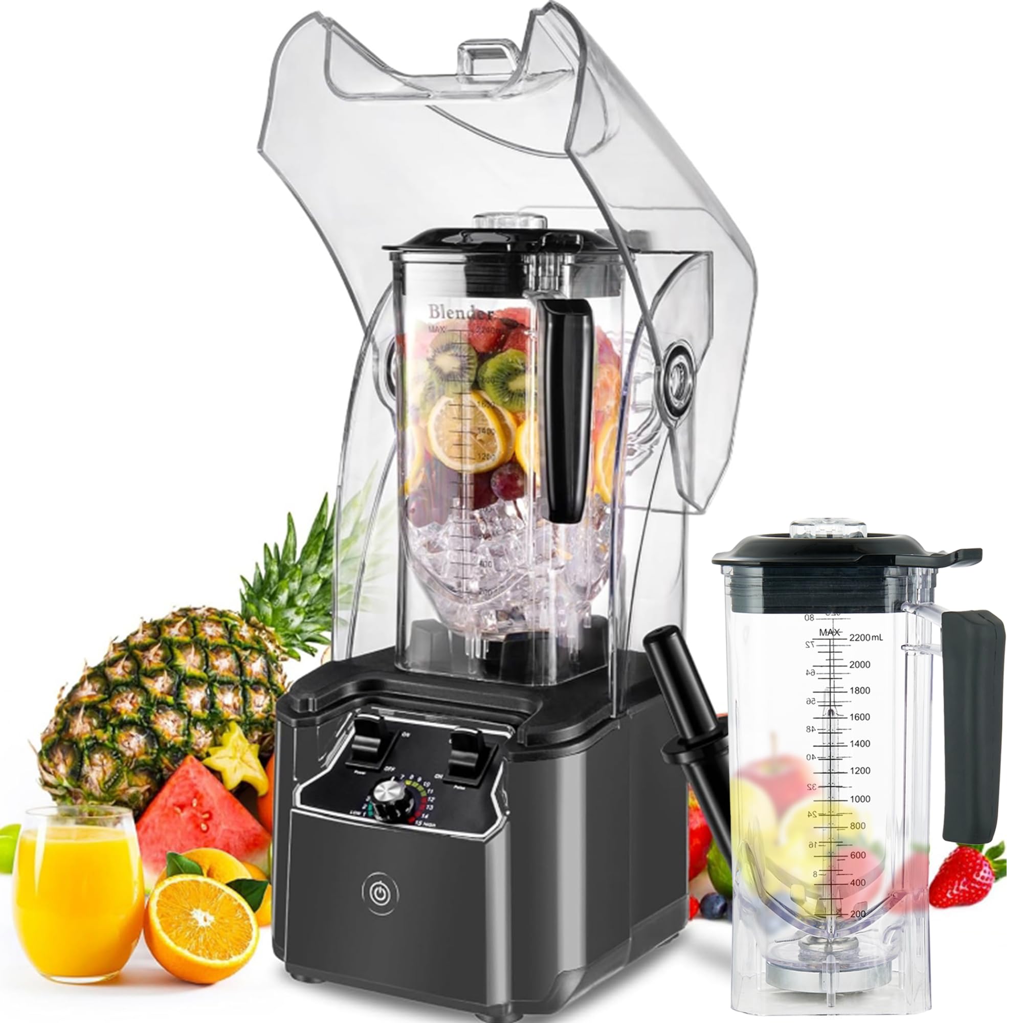 (2) commercial blender for smoothies 2200w with soundproof cover, 2200 ml, 15 speeds, 6-leaves stainless steel blade, heavy duty blender for restaurant, smoothie, ice crush, shakes, 9.5"d x 9"w x 19.7"h (both power on - tested - bid is per blender, lot is for 2 blenders total.)