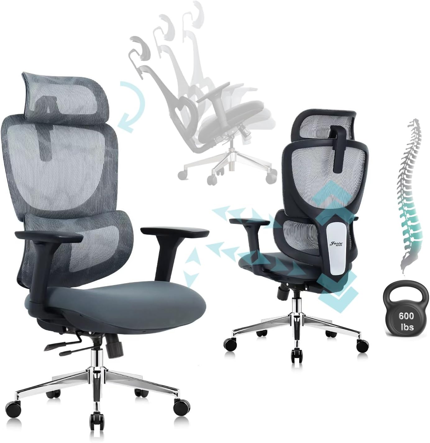 Jacia House TSCA Certified Ergonomic Mesh Office Chair, Big Tall Gaming Chair Adjustable Lumbar Support, 4D Armrests, 2D Headrest, 135° Reclining Rolling Swivel Desk Chairs with Seat Lock 600lb