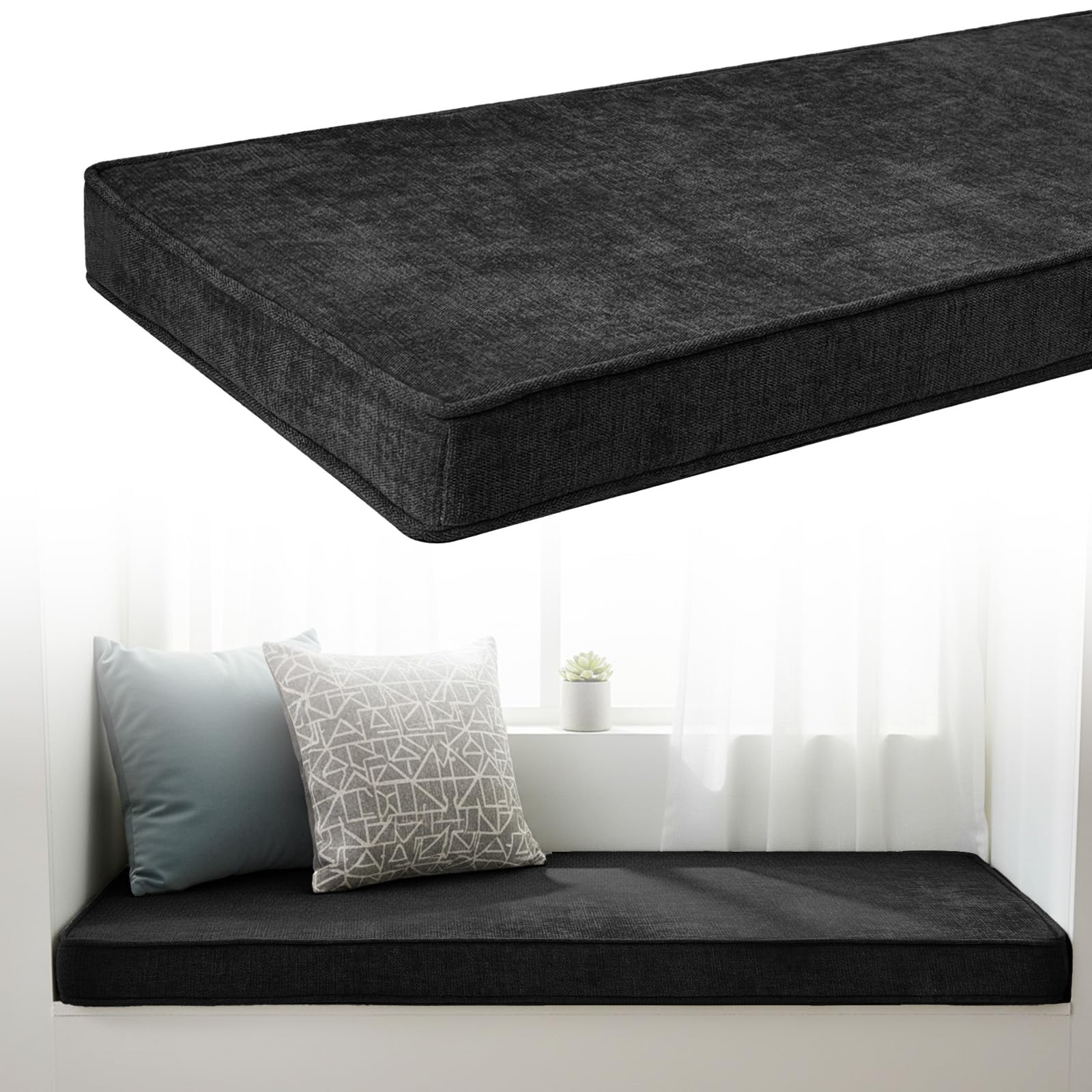 Chenille Bench Cushion 5cm Thick, Anti-Slip Bay Window Seat Pad 200x50x5cm