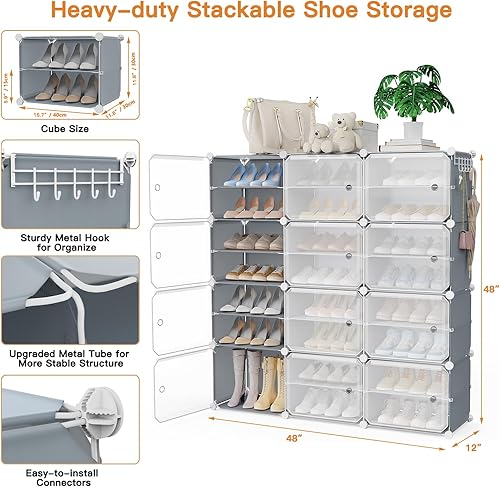 Miniatura 3 de Zapatero portátil con cubiertas, 48 pares de almacenamiento de zapatos con puertas, estante apilable para zapatos, organizador de zapatos para