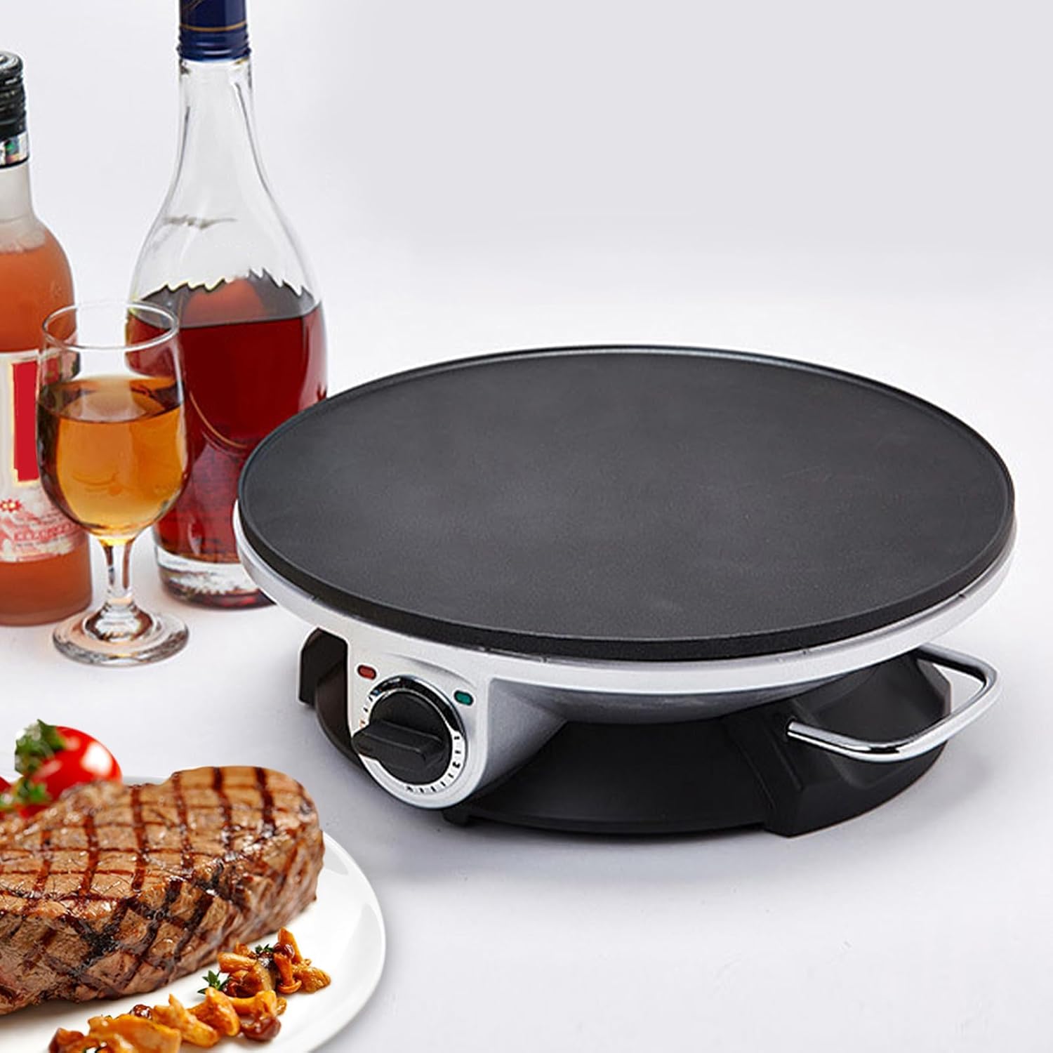 13 Inch Electric Crepe Maker, 1000W Round Crepe Maker Machine Stainless Steel Pancake Machine with 3 Temperature Control Knob Fast Heating Multifunction for Pancakes, Blintzes, Eggs Rolls