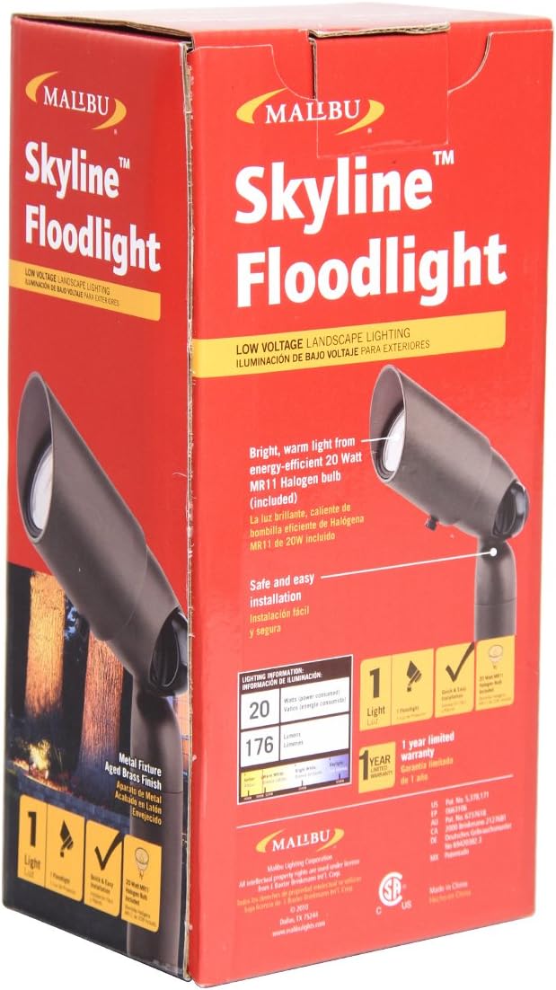 Malibu 8308-9603-01 Low Voltage 20 Watt Landscape Lighting, Non-corrosive Metal Construction with Aged Brass Finish