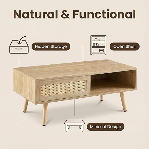 Miniatura 4 de Meihua Mesa auxiliar de ratán de 41.3 pulgadas con almacenamiento, mesa de sofá moderna de mediados de siglo con puerta corredera y patas de madera